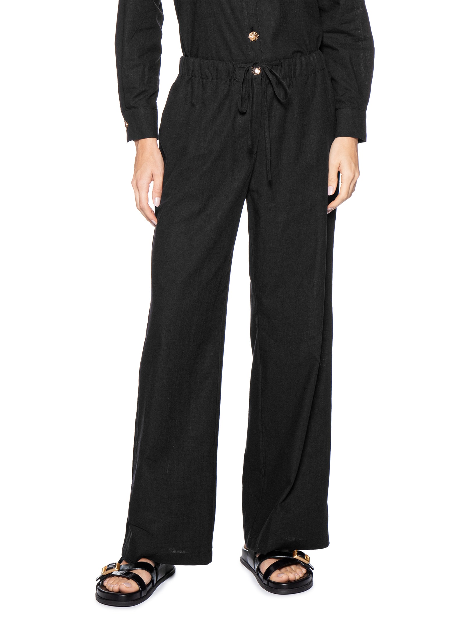 Calça Feminina Pantalona Com Cordão Preto Basiq