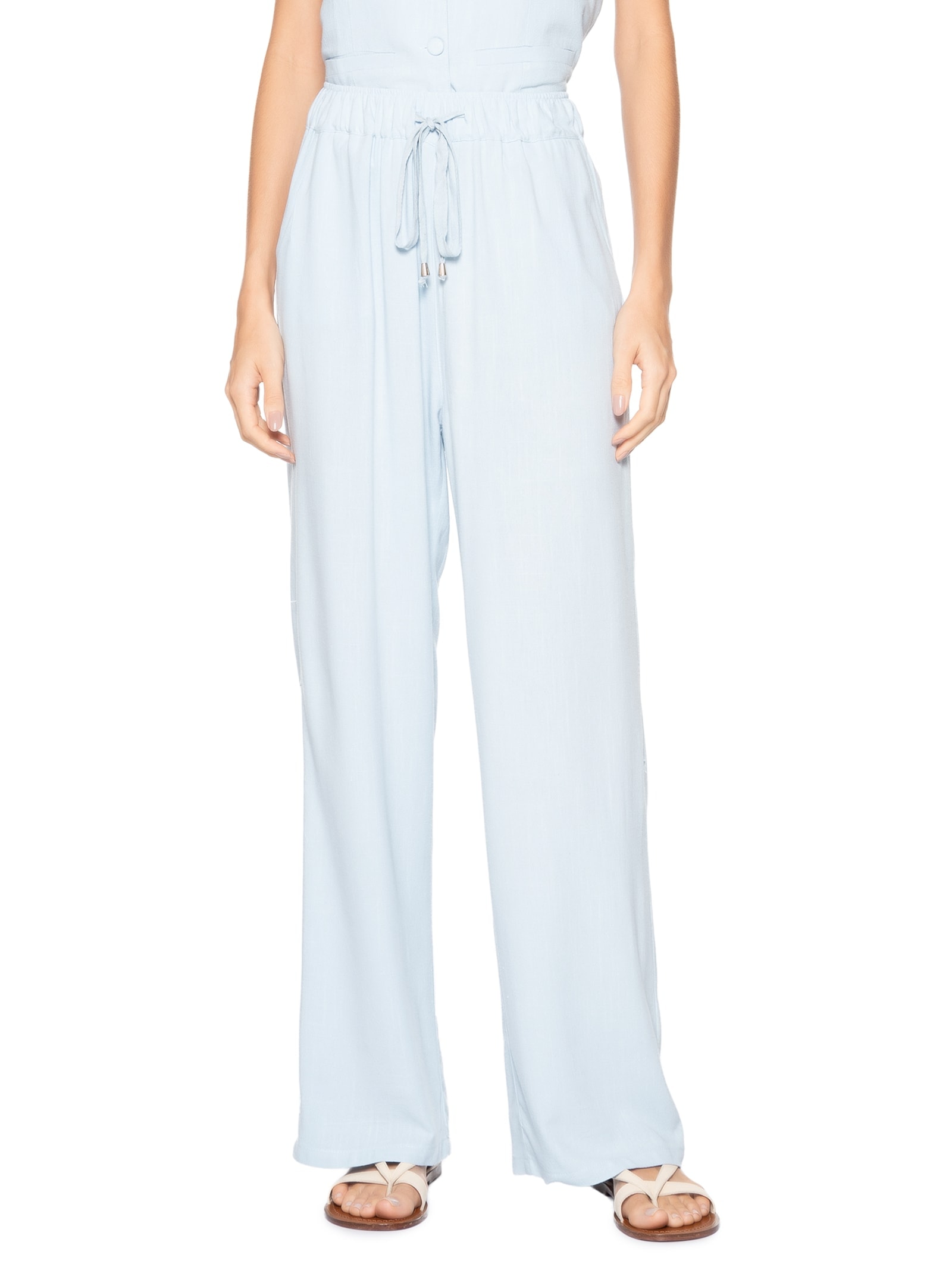 Calça Feminina Pantalona Com Linho Azul Basiq