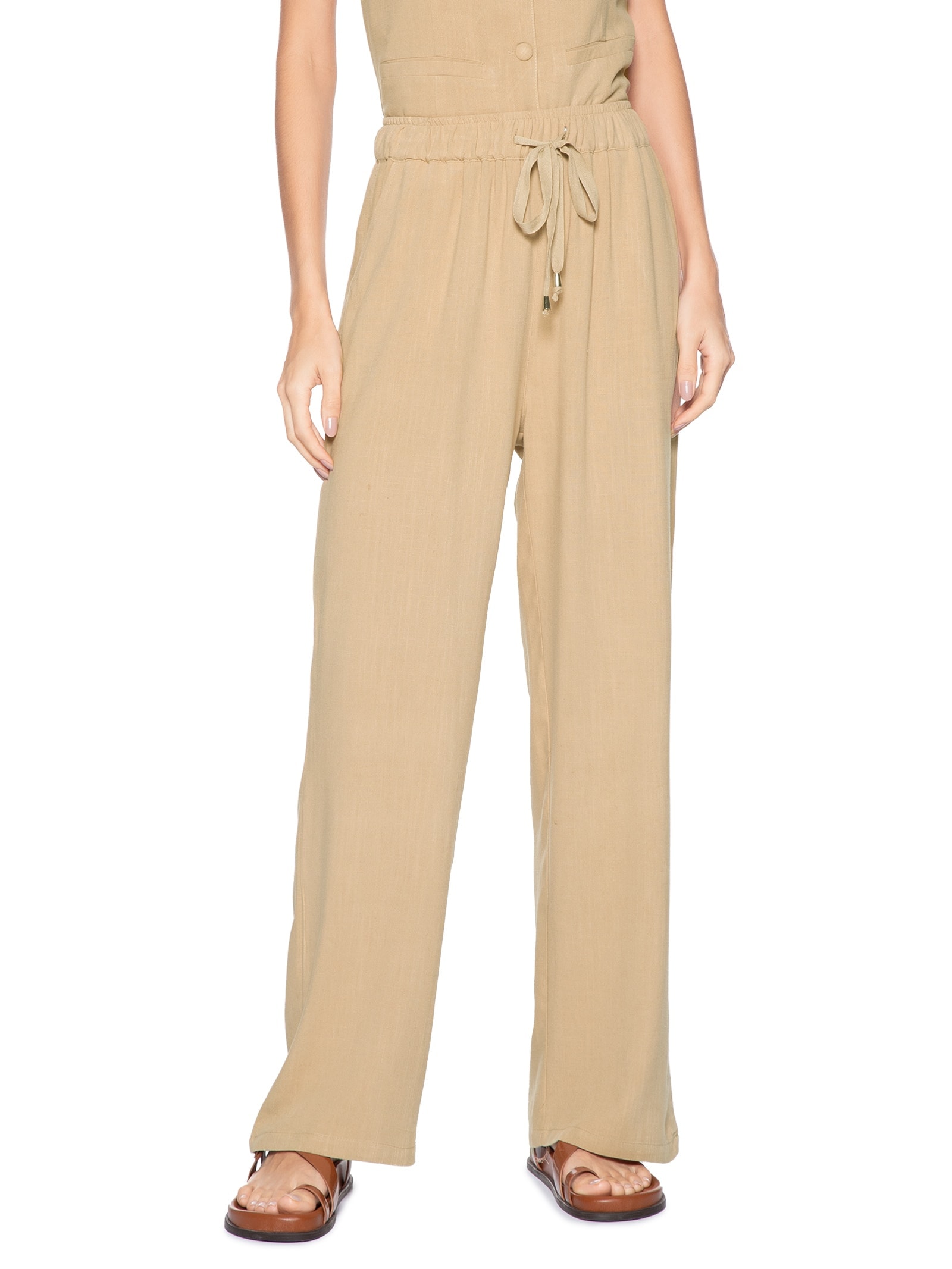 Calça Feminina Pantalona Com Linho Bege Basiq