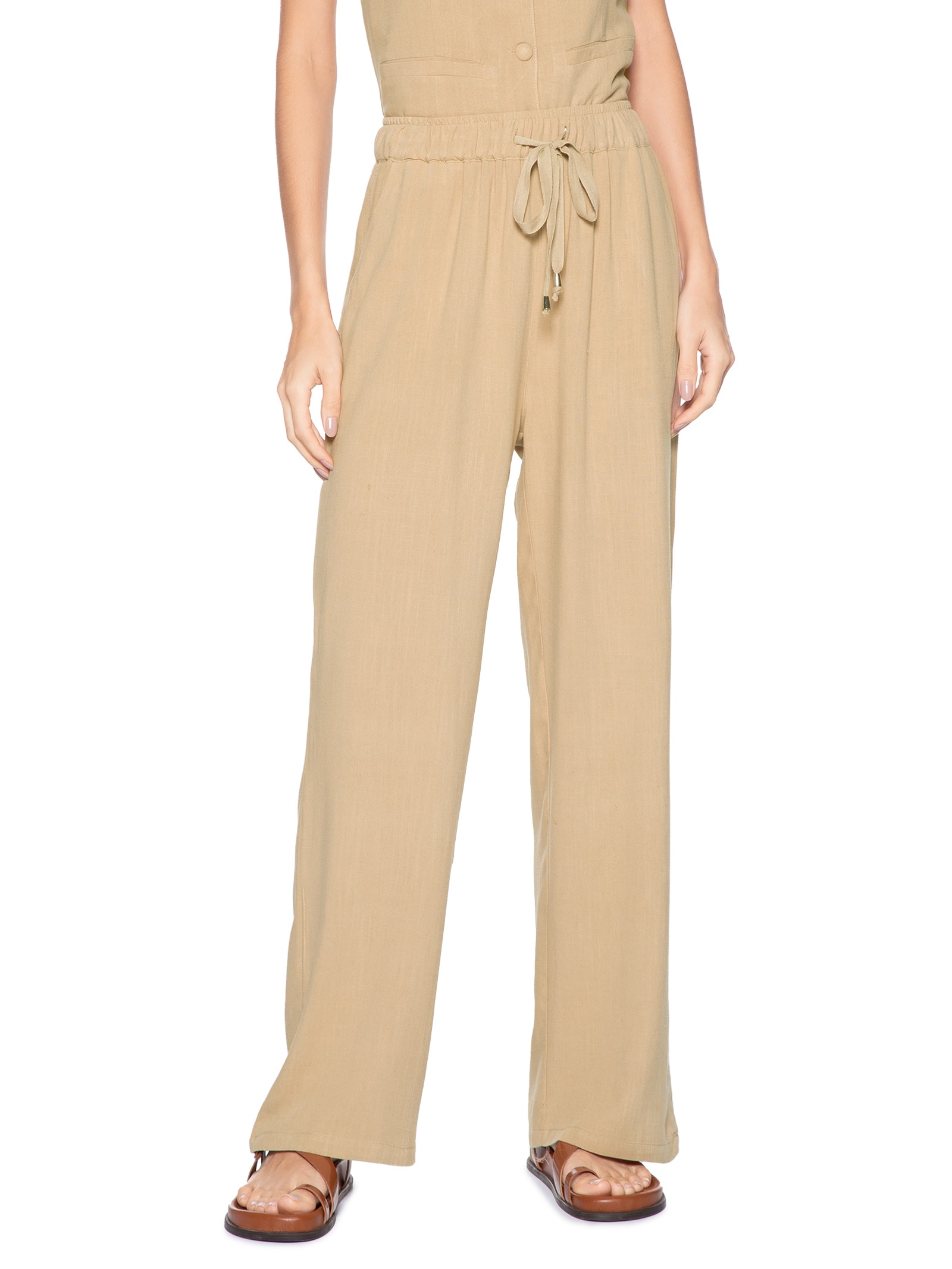 Calça Feminina Pantalona Com Linho Marrom Basiq