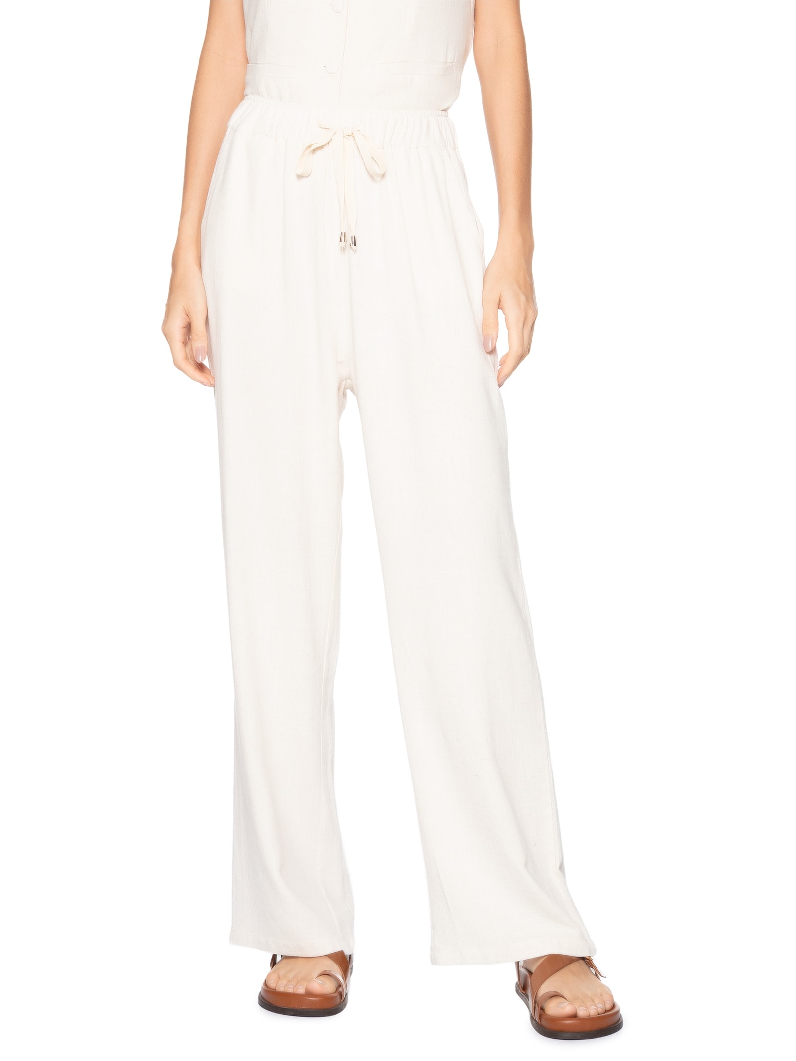 Calça Feminina Pantalona Com Linho Off White Basiq