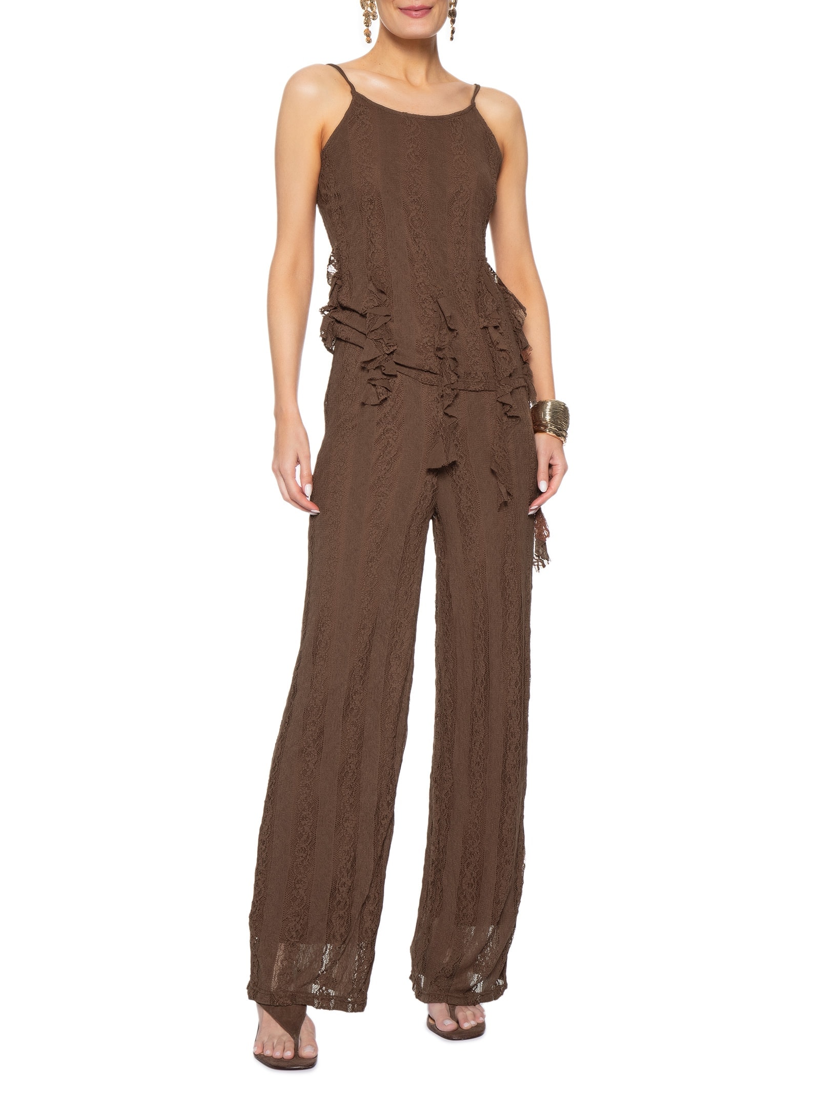 Calça Feminina Pantalona com Renda Marrom Market 33
