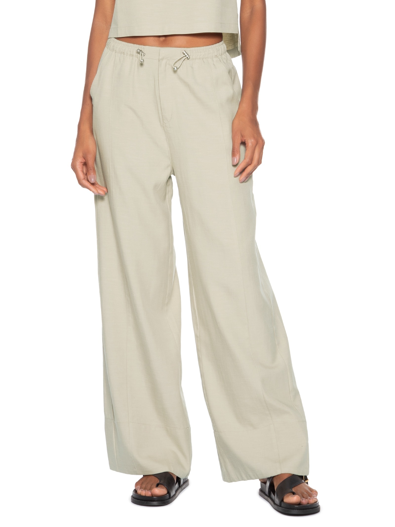 Calça Feminina Pantalona Cós Elástico Bege Basiq