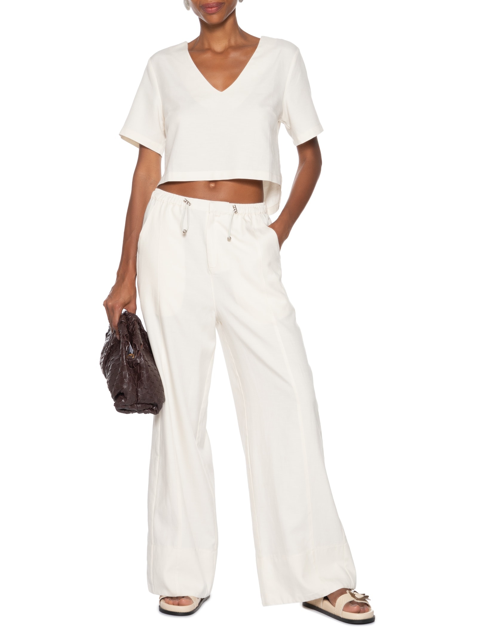 Calça Feminina Pantalona Cós Elástico Branco Basiq