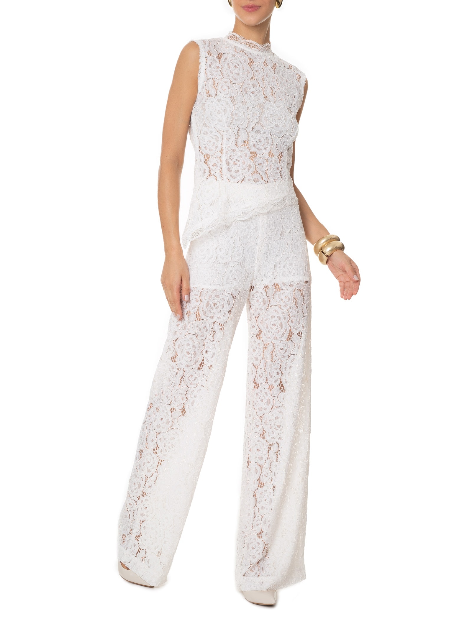 Calça Feminina Pantalona Em Renda Off White '2Essential