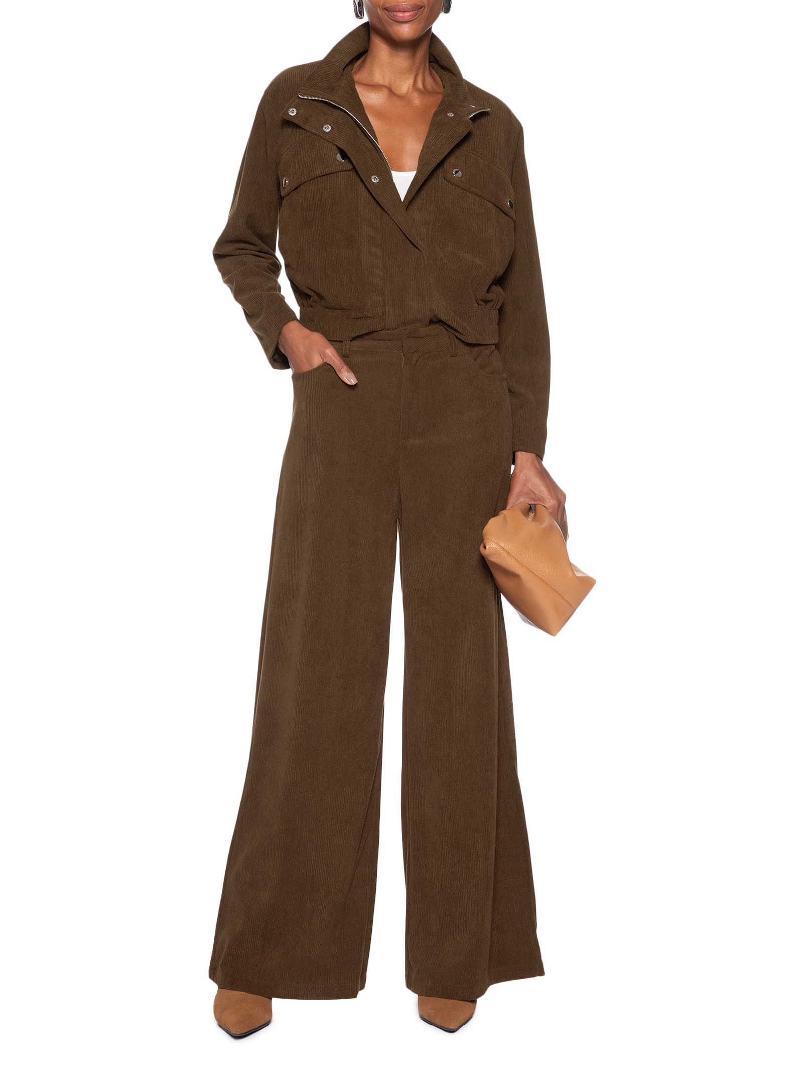 Calça Feminina Pantalona Em Veludo Cotelê Marrom '2Essential