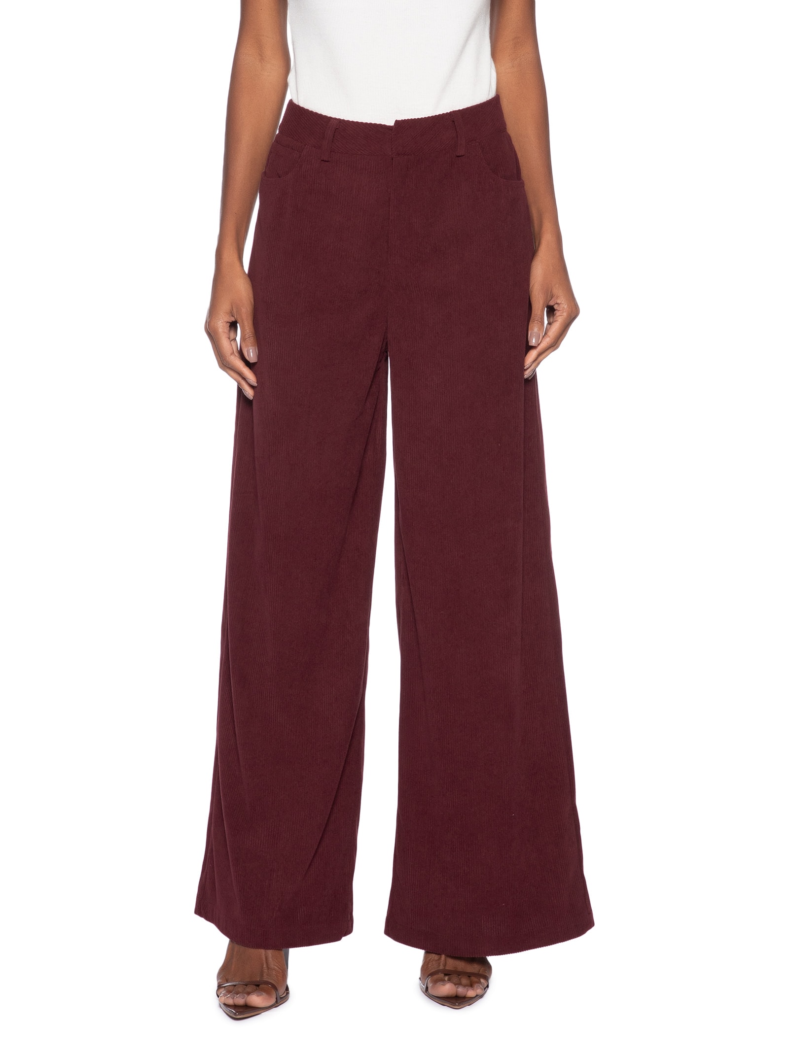Calça Feminina Pantalona Em Veludo Cotelê Vermelho '2Essential