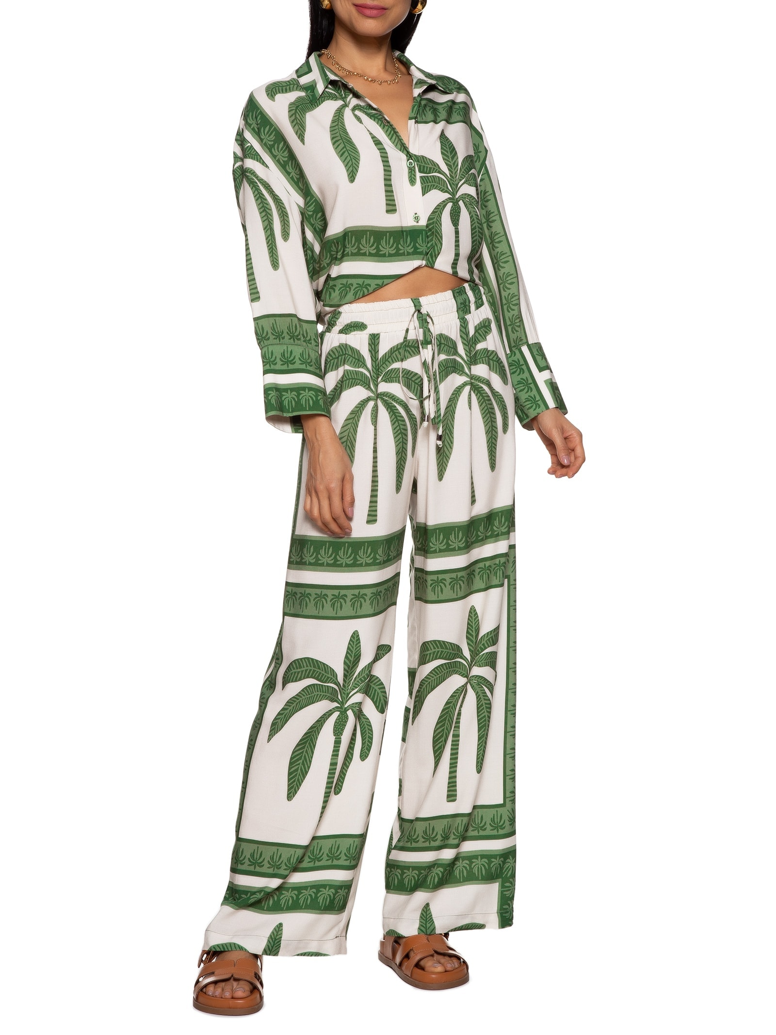 Calça Feminina pantalona Estampa Lenço Coqueiro Verde Mob