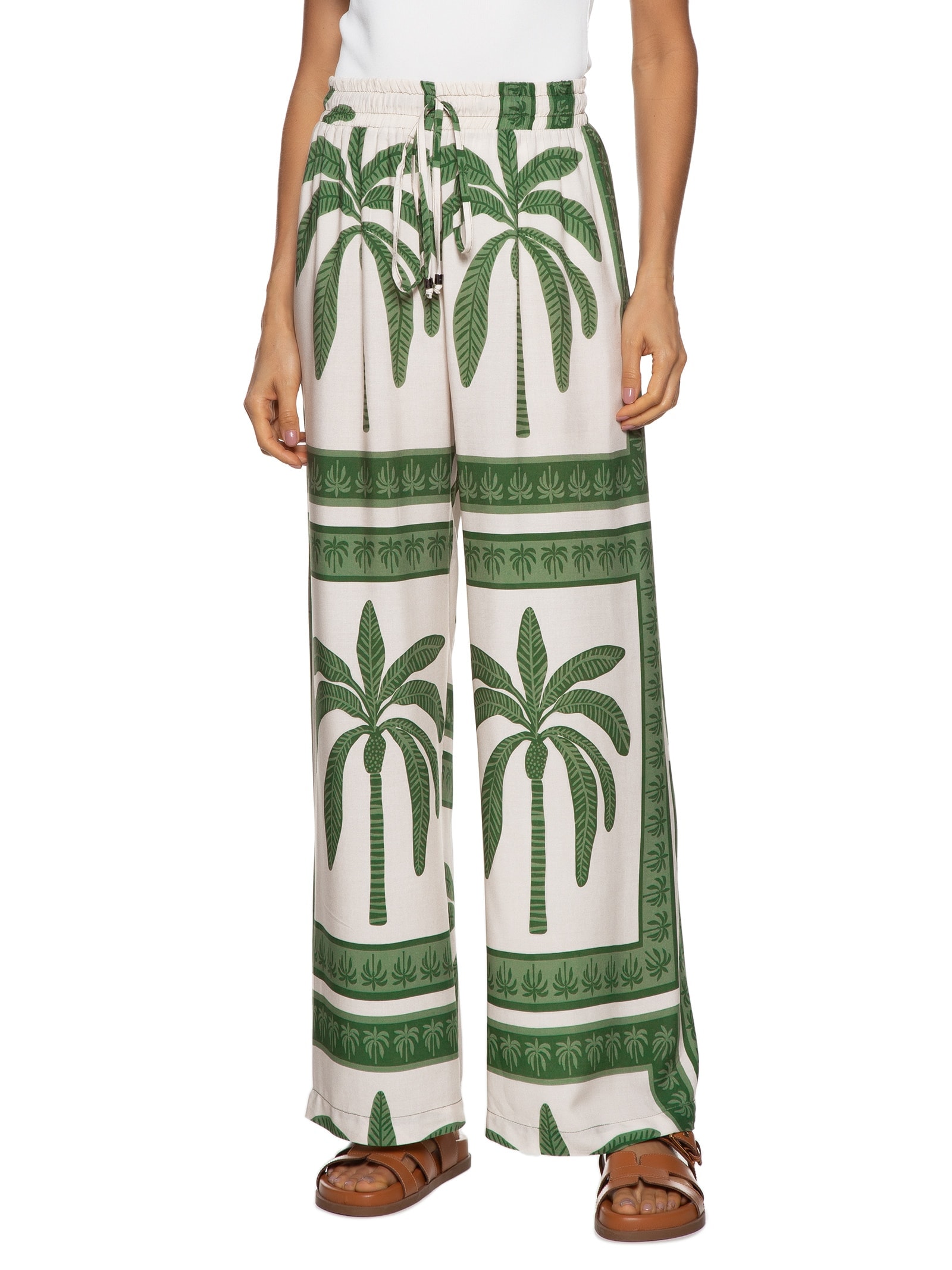Calça Feminina pantalona Estampa Lenço Coqueiro Verde Mob