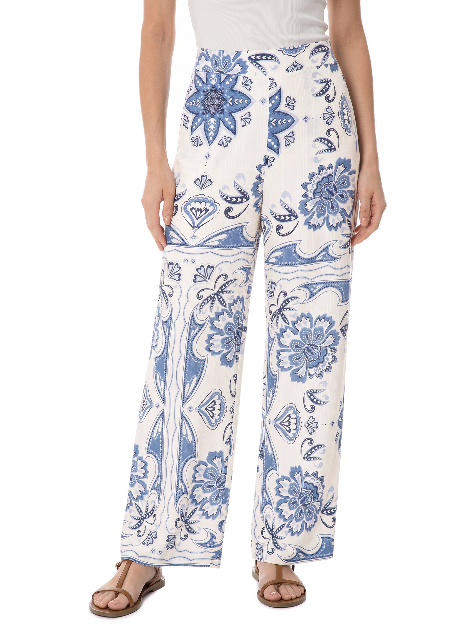 Calça Feminina Pantalona Estampada Elástico – Branco Cacay