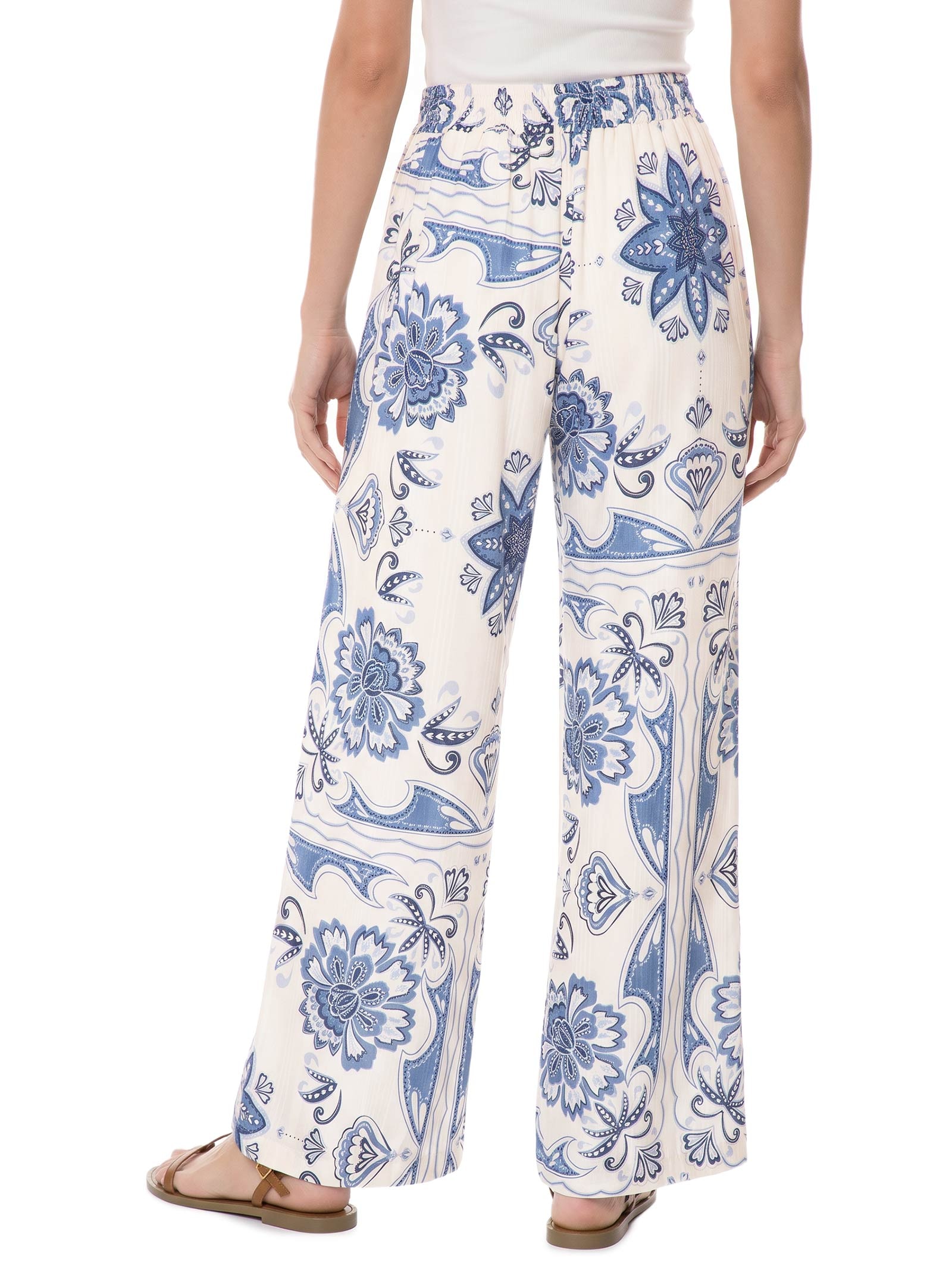 Calça Feminina Pantalona Estampada Elástico – Branco Cacay