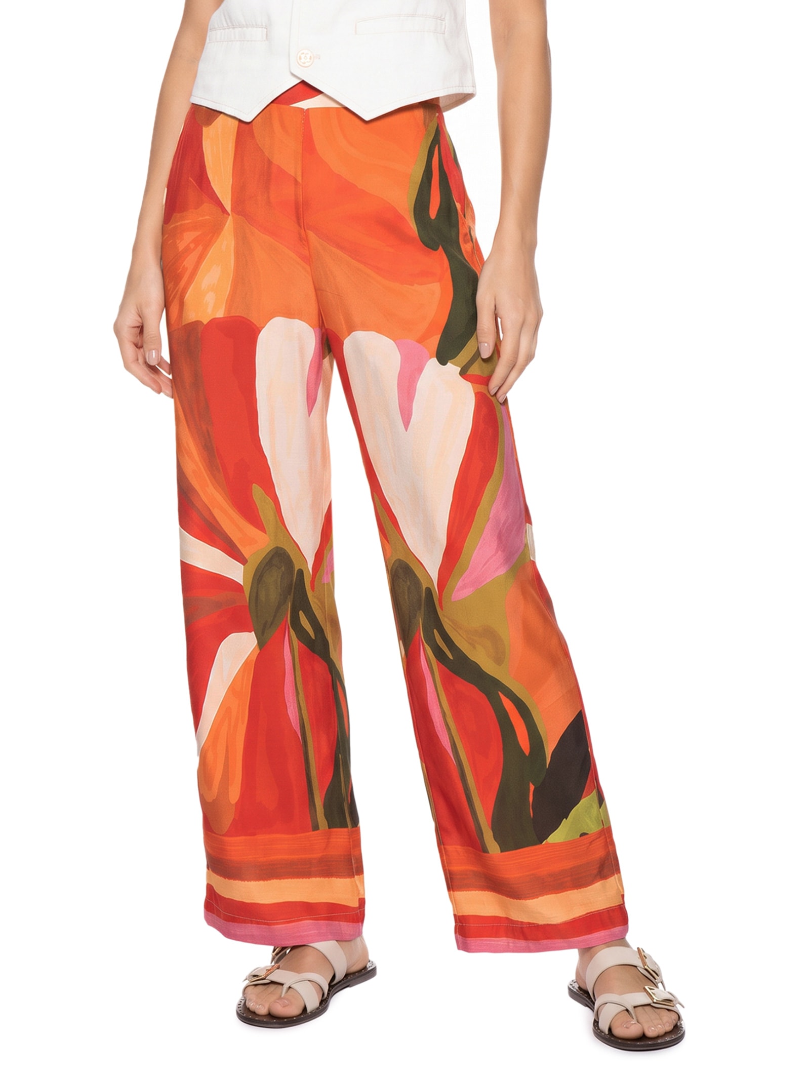 Calça Feminina Pantalona Estampada – Laranja Cacay