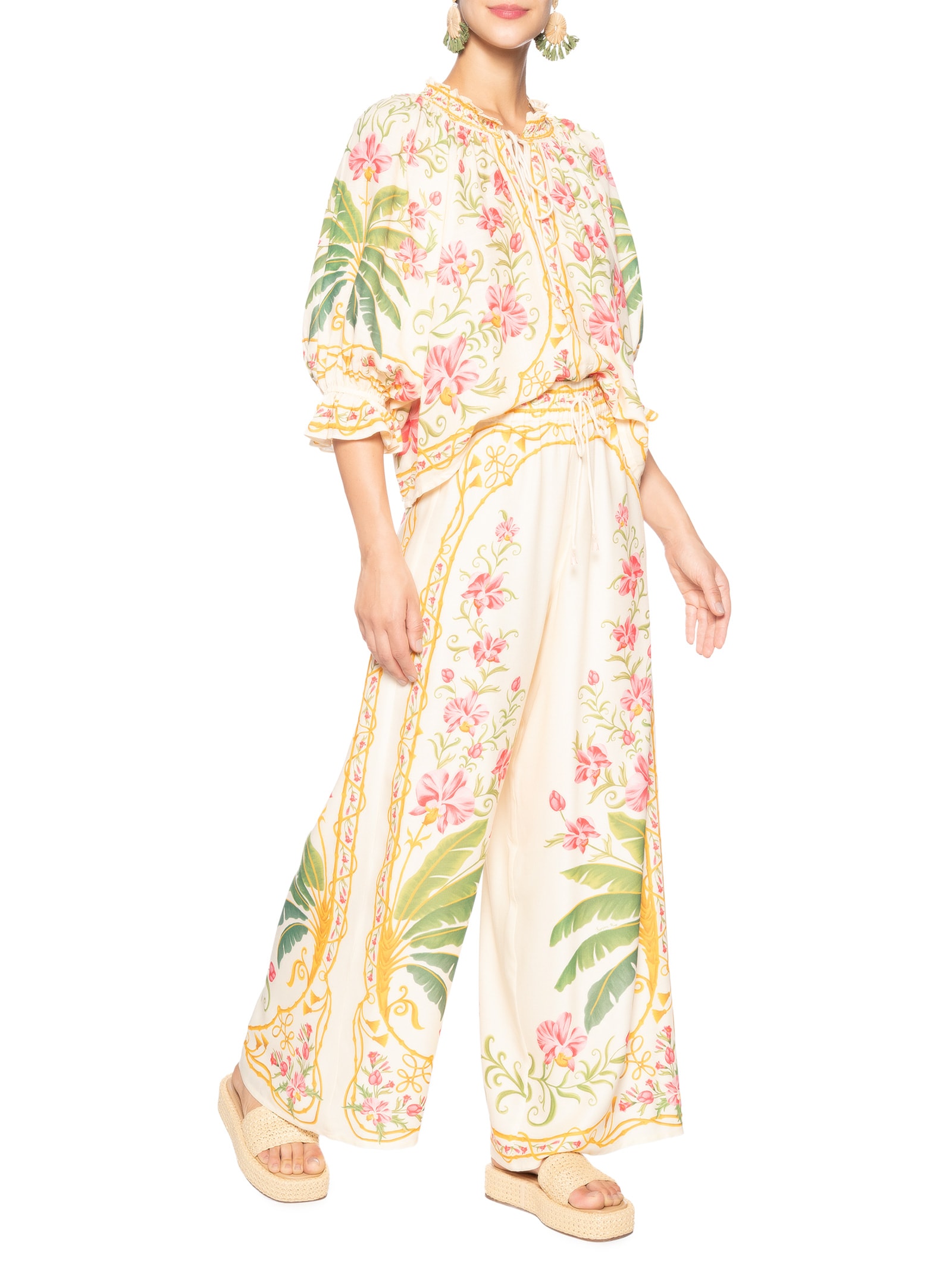 Calça Feminina Pantalona Floral Nusa Off White Farm