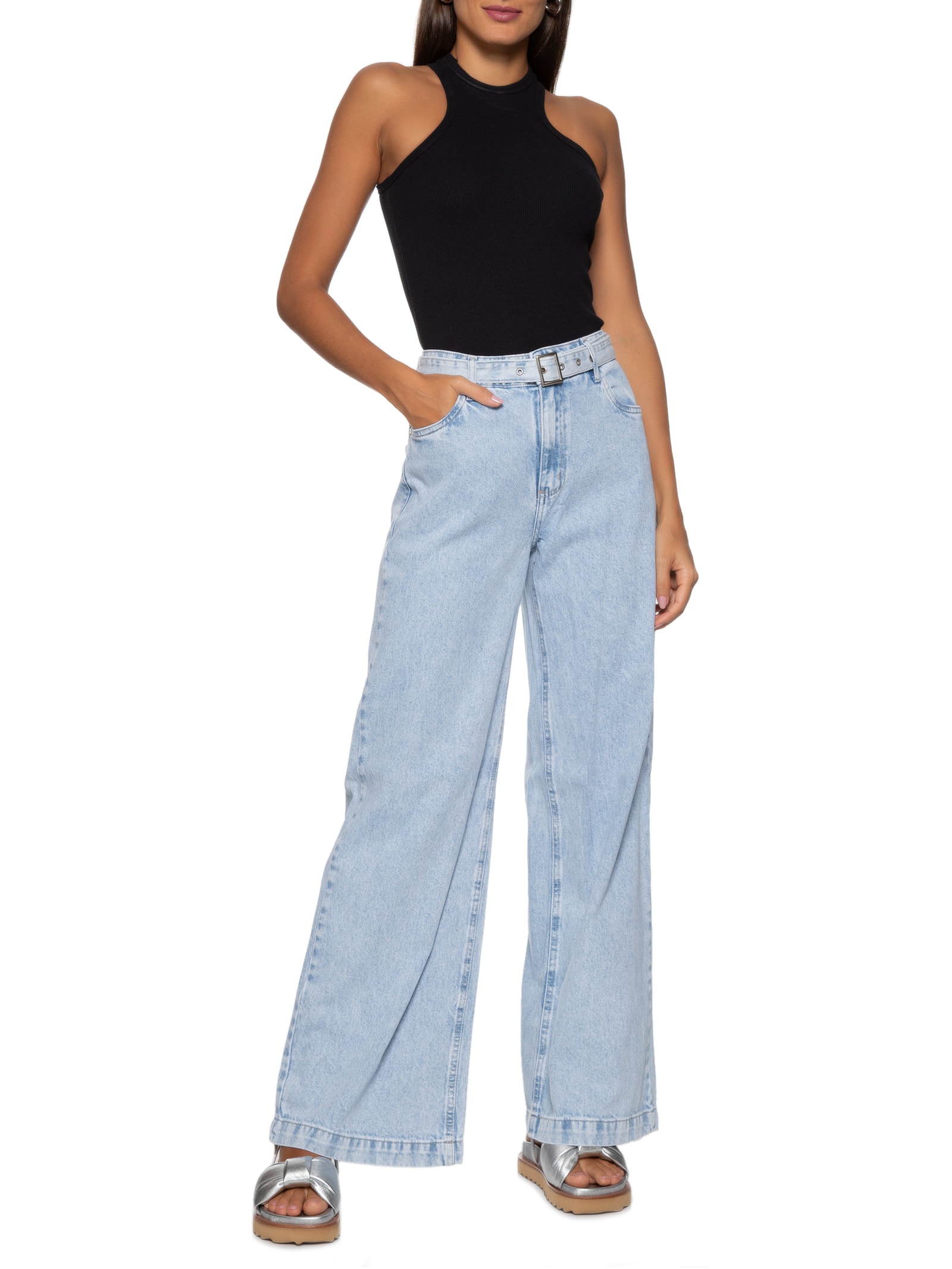 Dzarm Calça Feminina Pantalona Jeans Azul