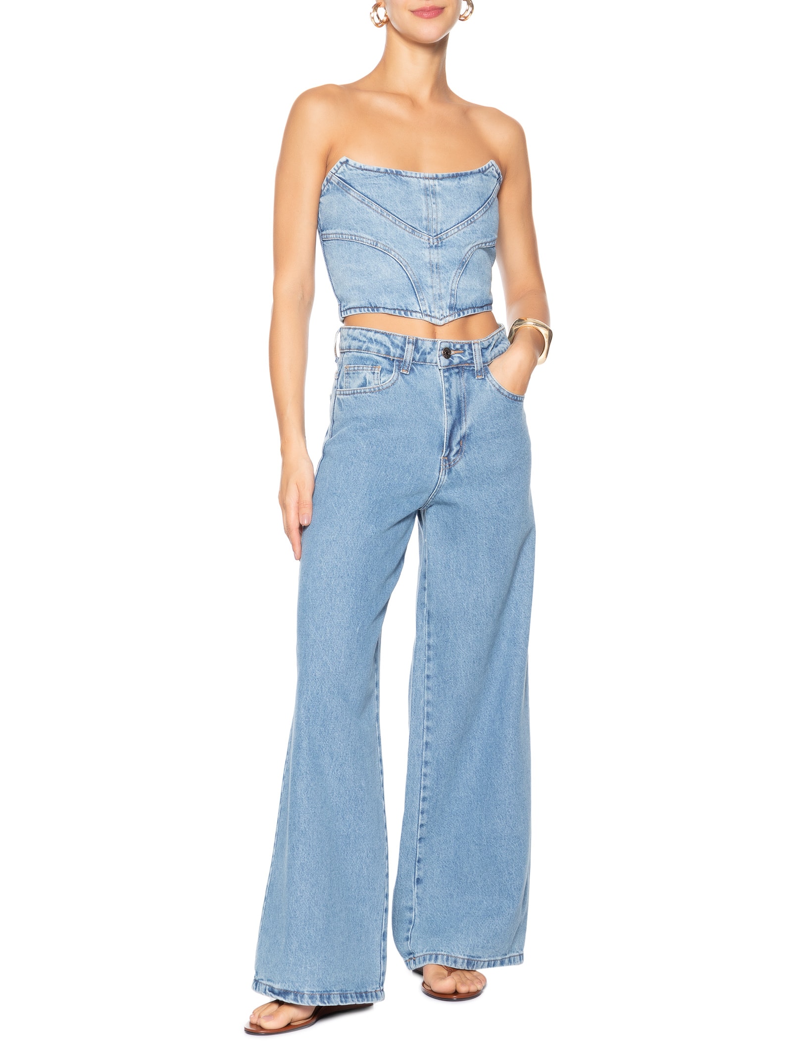 Calça Feminina Pantalona Jeans Azul Market 33