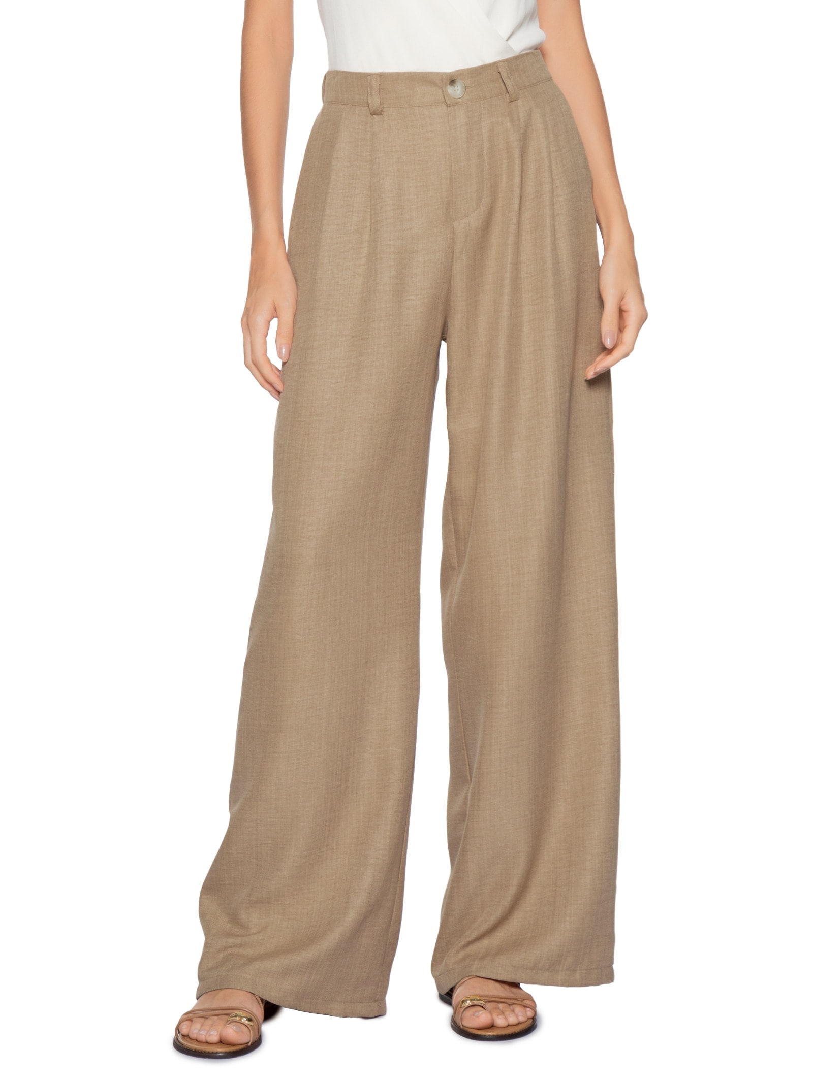 Calça Feminina Pantalona Larga Bege Basiq