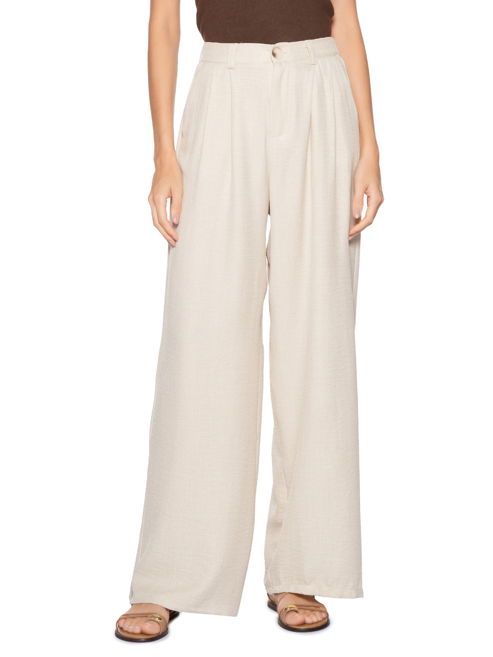 Calça Feminina Pantalona Larga Bege Basiq