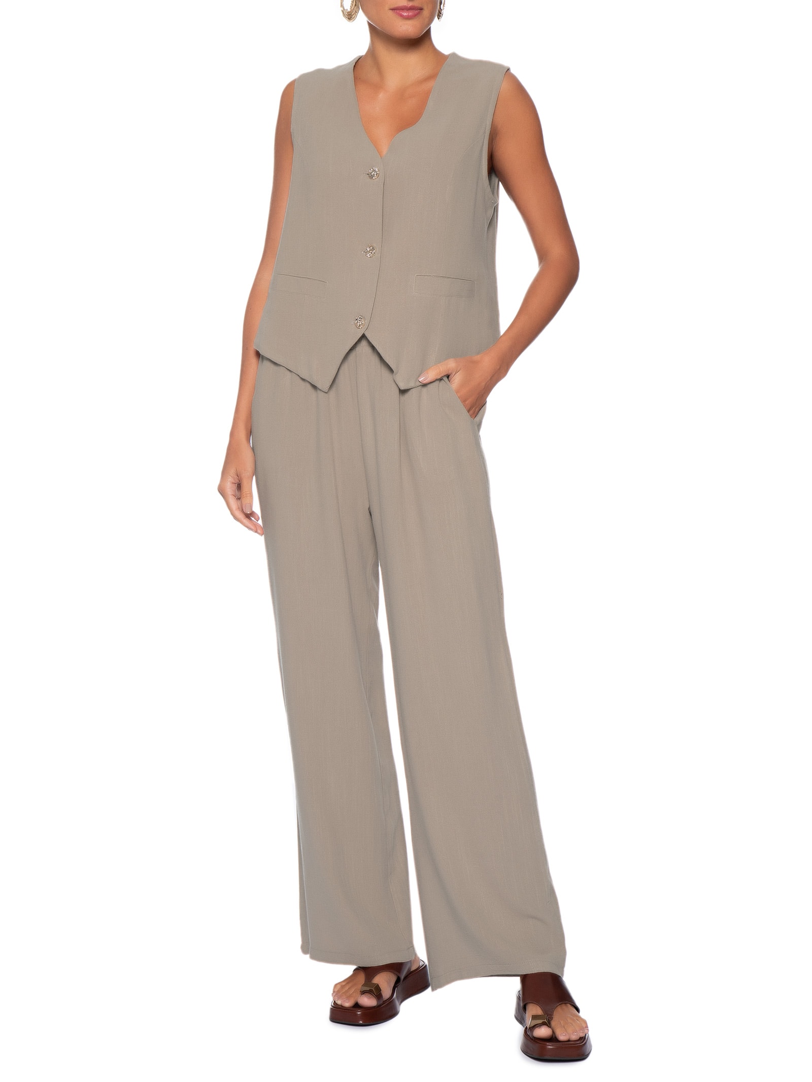 Calça Feminina Pantalona Linho Com Cordão Bege Basiq