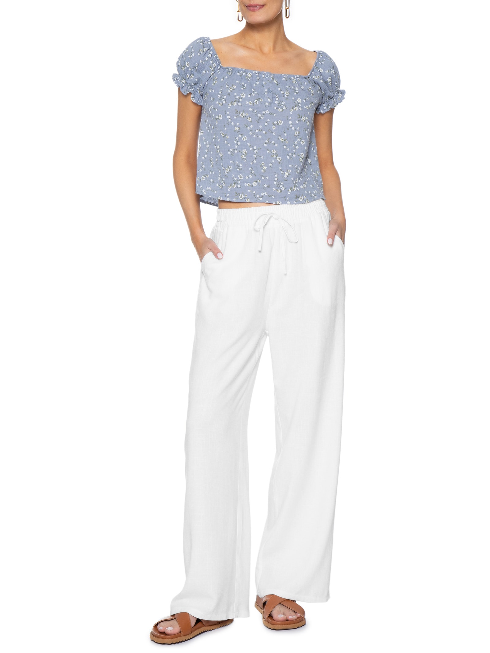 Calça Feminina Pantalona Linho Com Cordão Branco Basiq