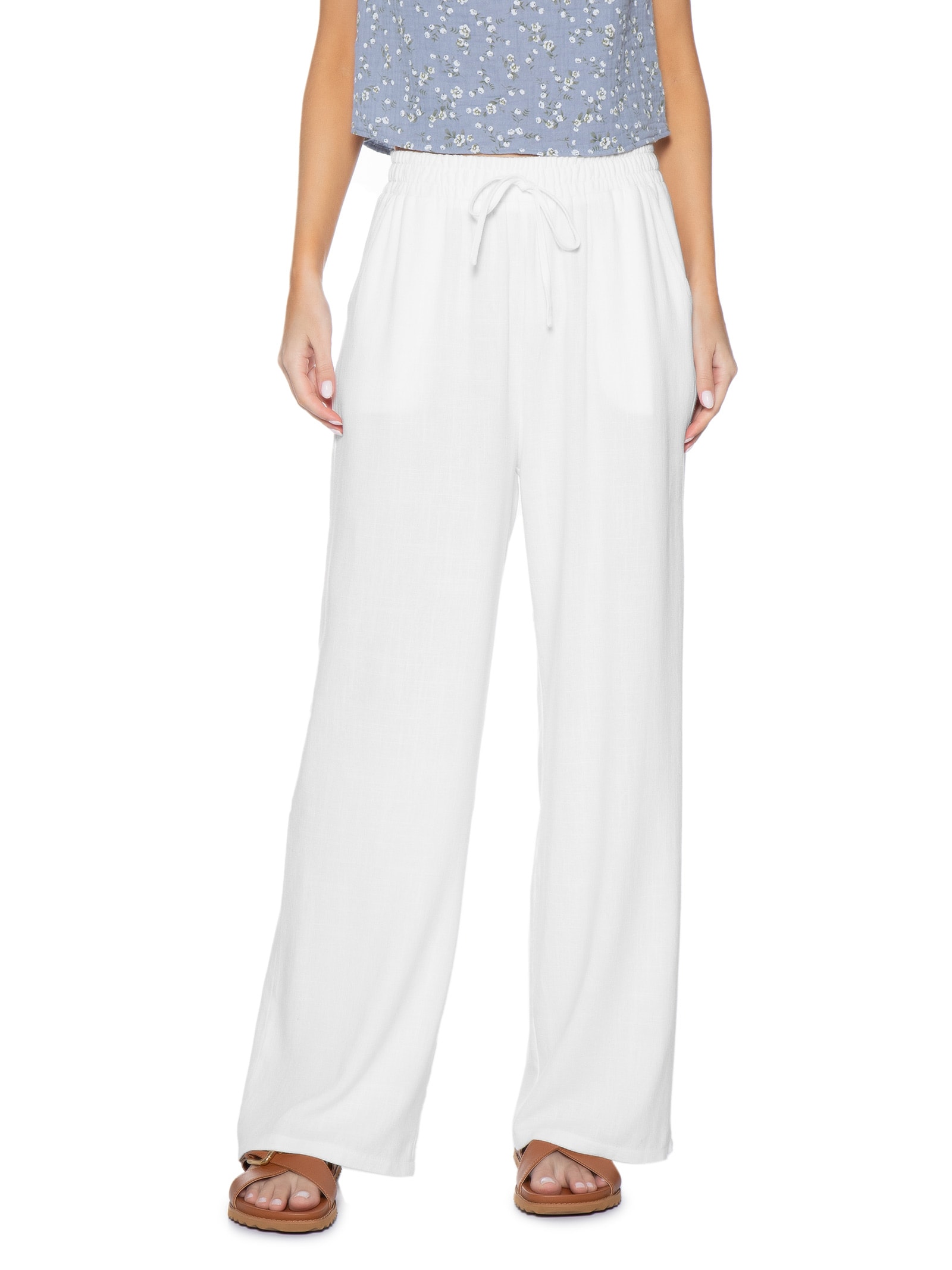 Calça Feminina Pantalona Linho Com Cordão Branco Basiq