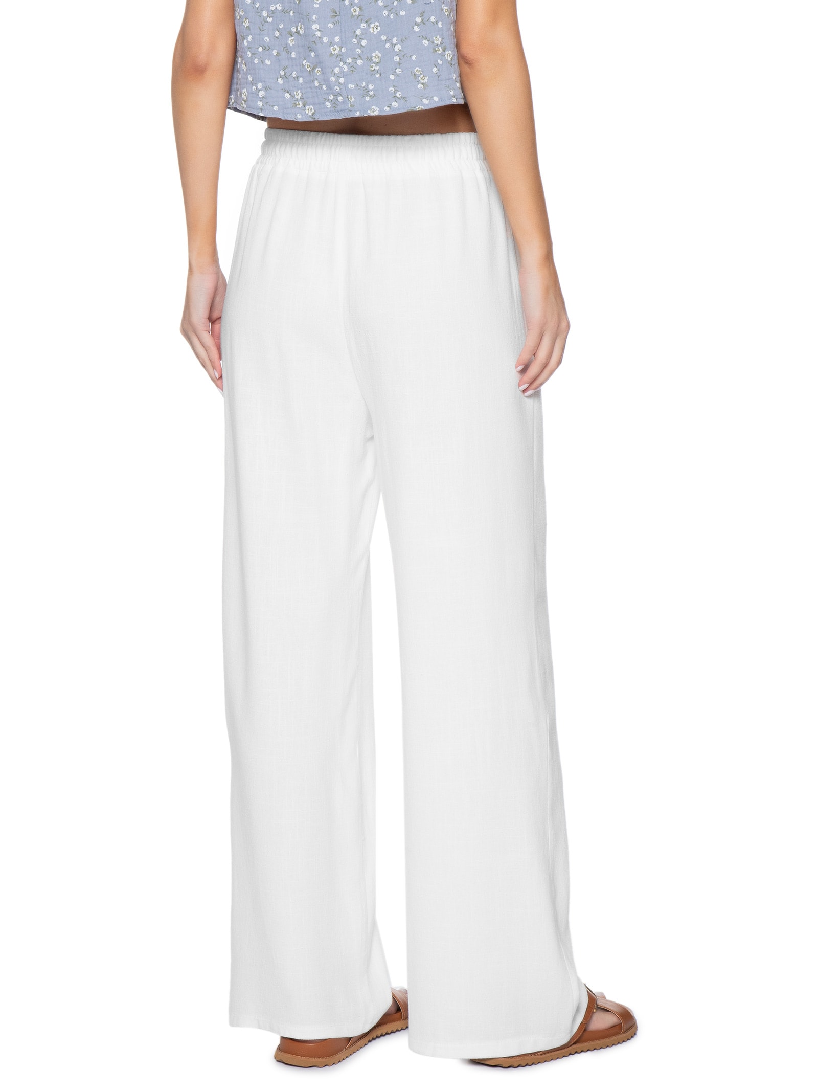 Calça Feminina Pantalona Linho Com Cordão Branco Basiq