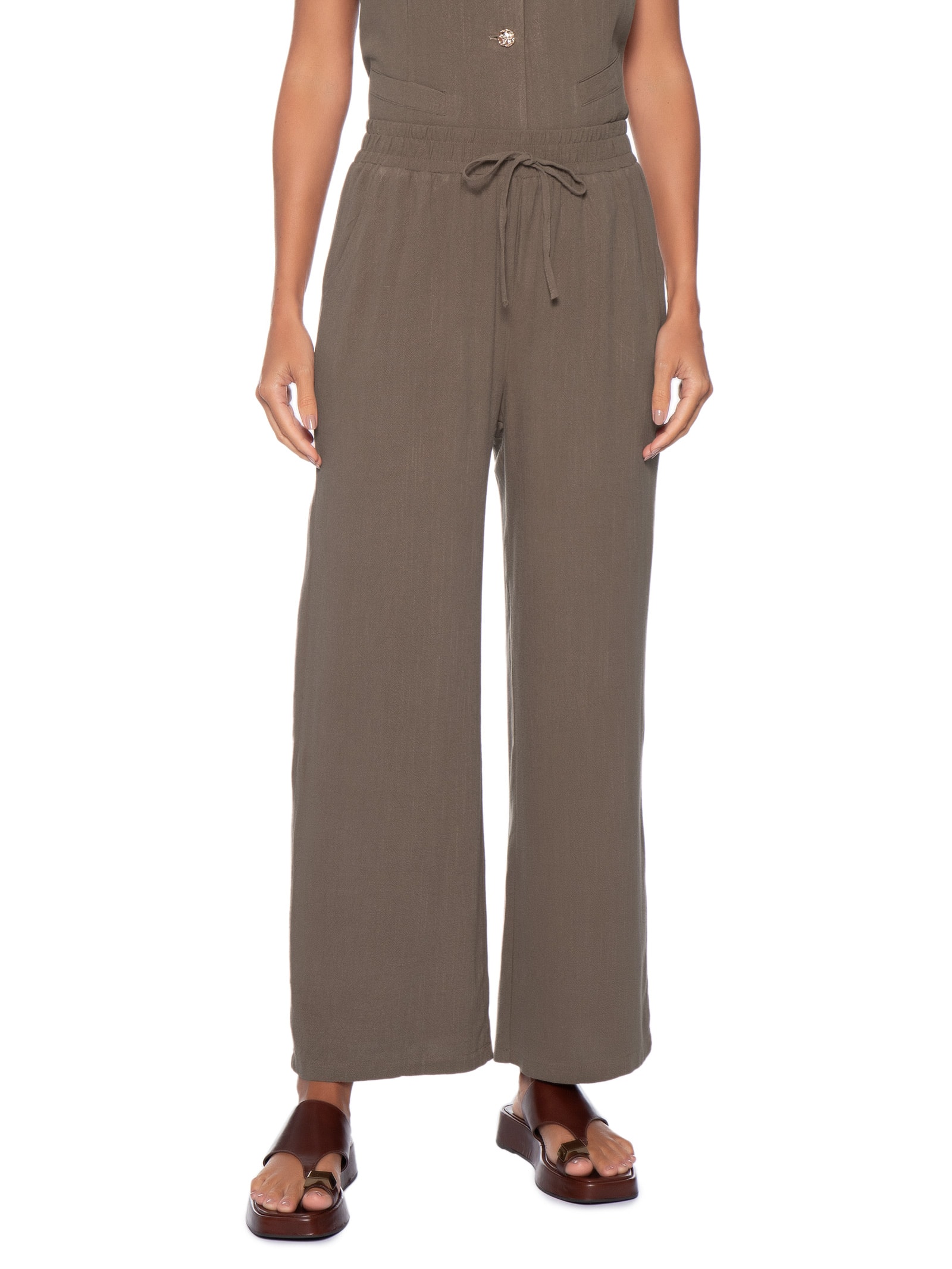 Calça Feminina Pantalona Linho Com Cordão Marrom Basiq