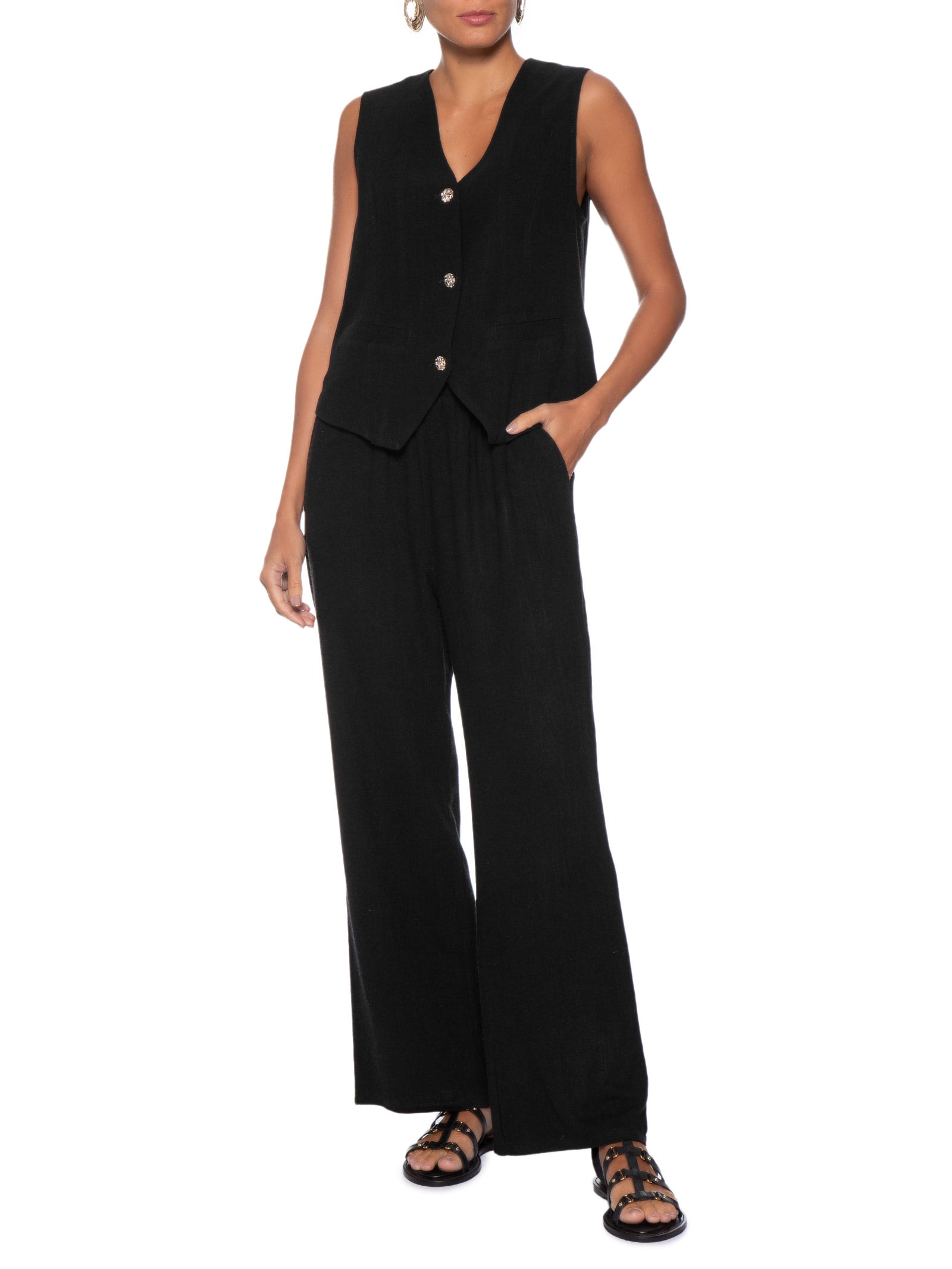 Calça Feminina Pantalona Linho Com Cordão Preto Basiq