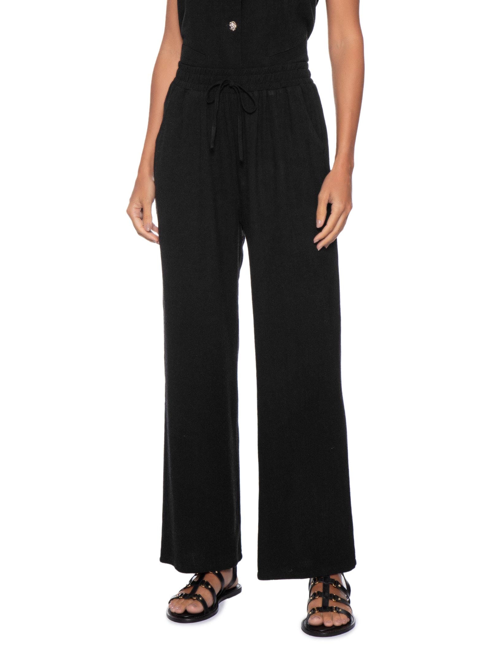Calça Feminina Pantalona Linho Com Cordão Preto Basiq