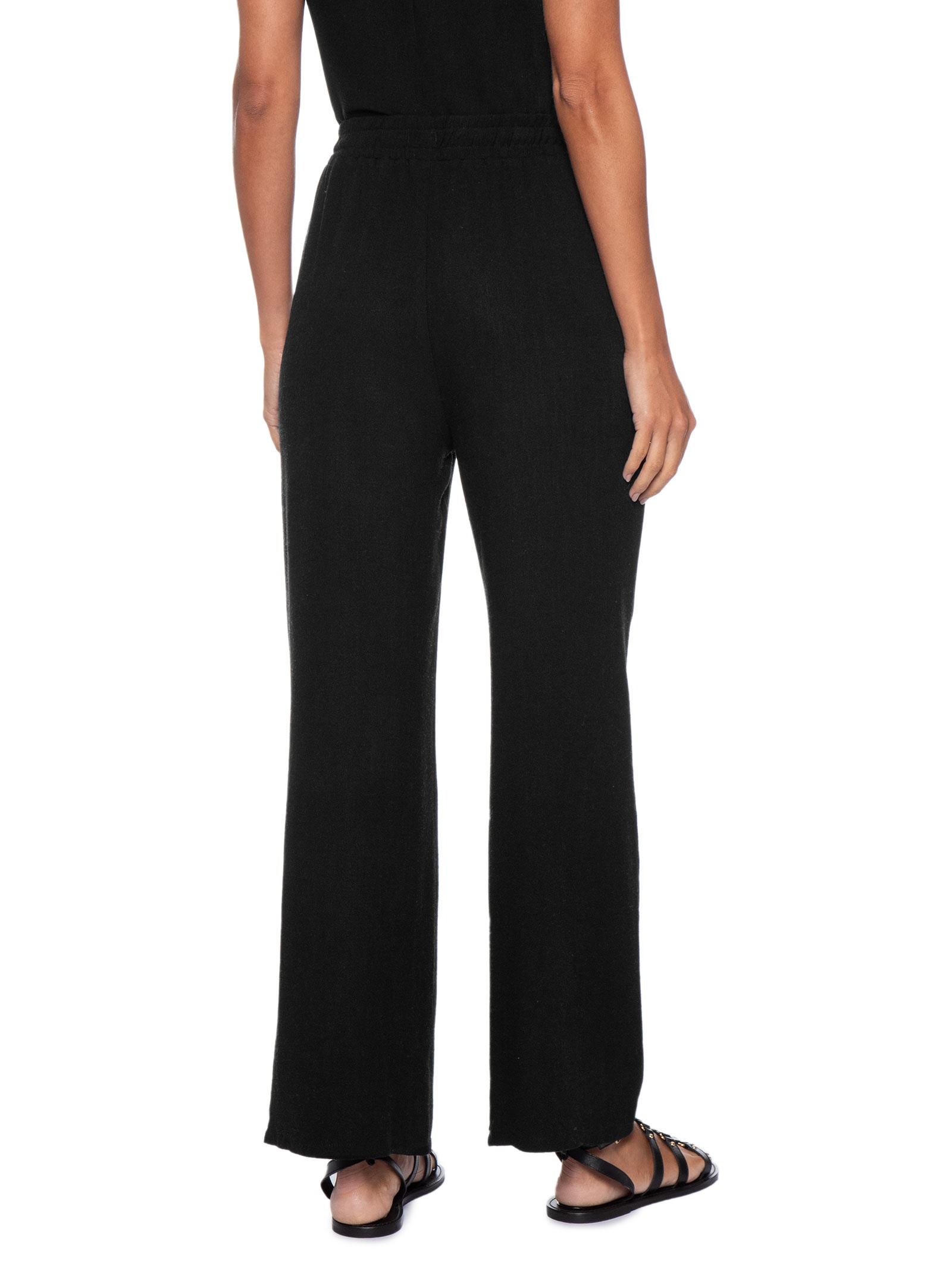 Calça Feminina Pantalona Linho Com Cordão Preto Basiq