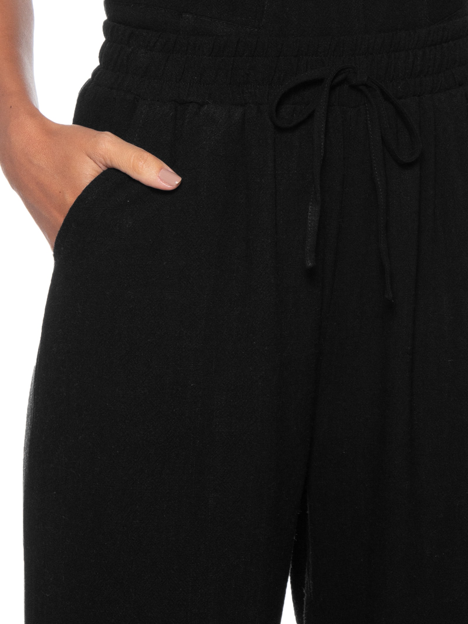 Calça Feminina Pantalona Linho Com Cordão Preto Basiq