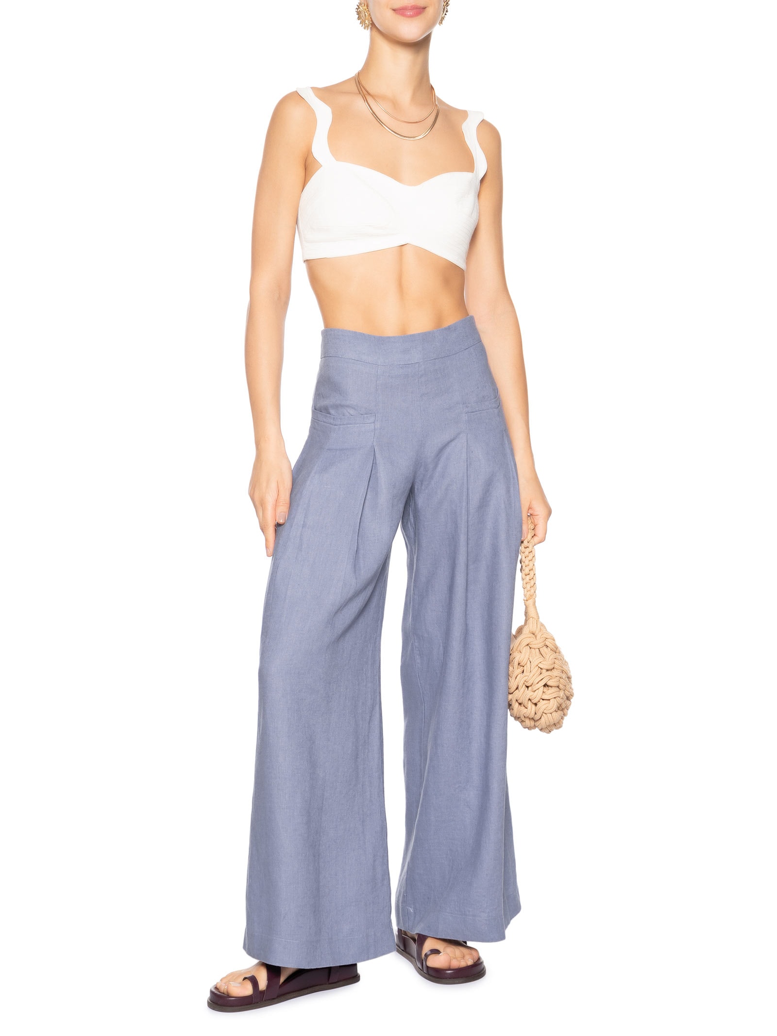 Calça Feminina Pantalona Linho Pregas Roxo Maria Filó