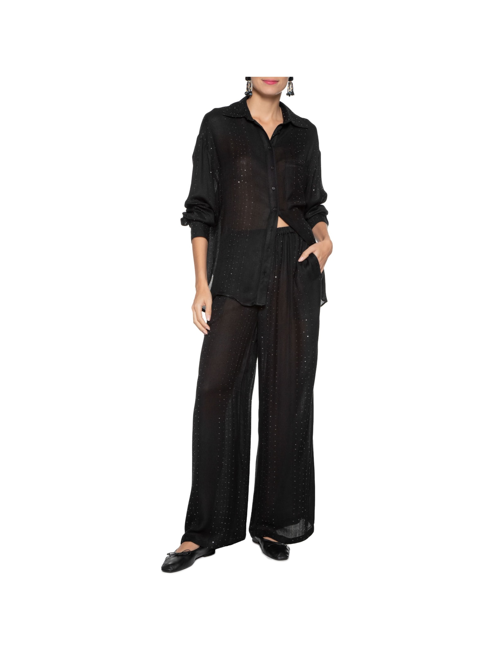 Calça Feminina Pantalona Listras Paetê Preto Animale Jeans