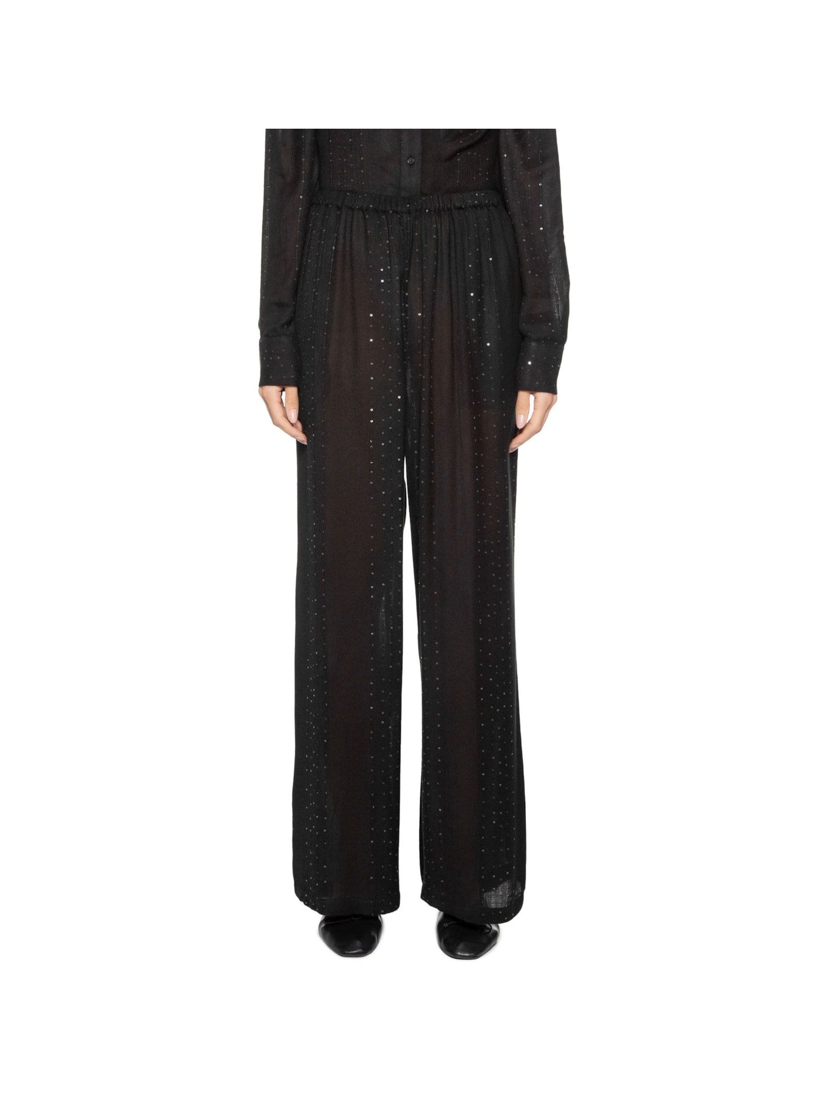 Calça Feminina Pantalona Listras Paetê Preto Animale Jeans