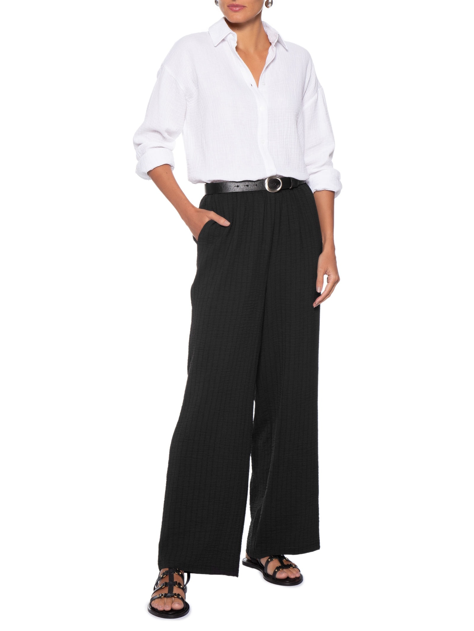 Calça Feminina Pantalona Listras Preto Basiq
