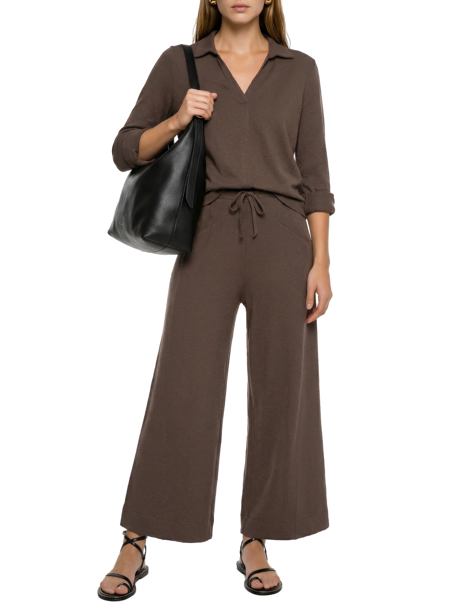 Calça Feminina Pantalona Malha Crepe Flamê Marrom Cantão