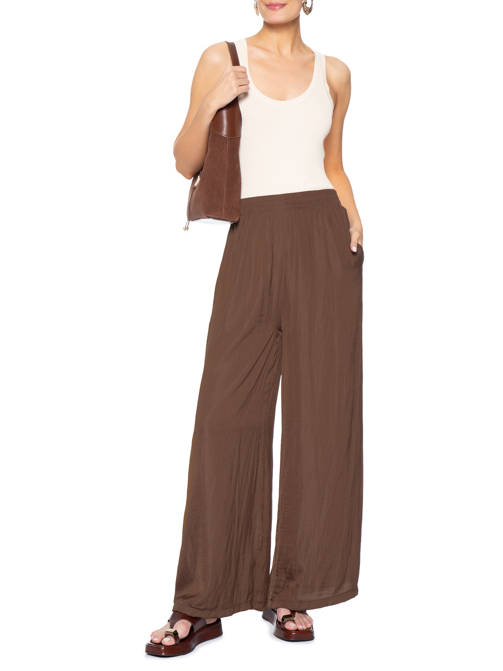 Calça Feminina Pantalona Marrom Basiq