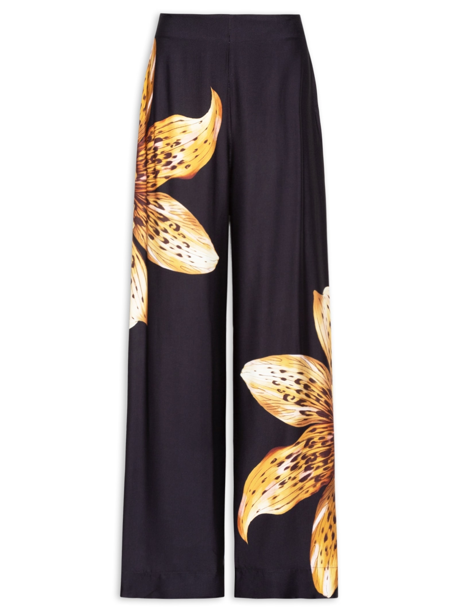 Calça Feminina Pantalona Orquídea Onça Preto Farm