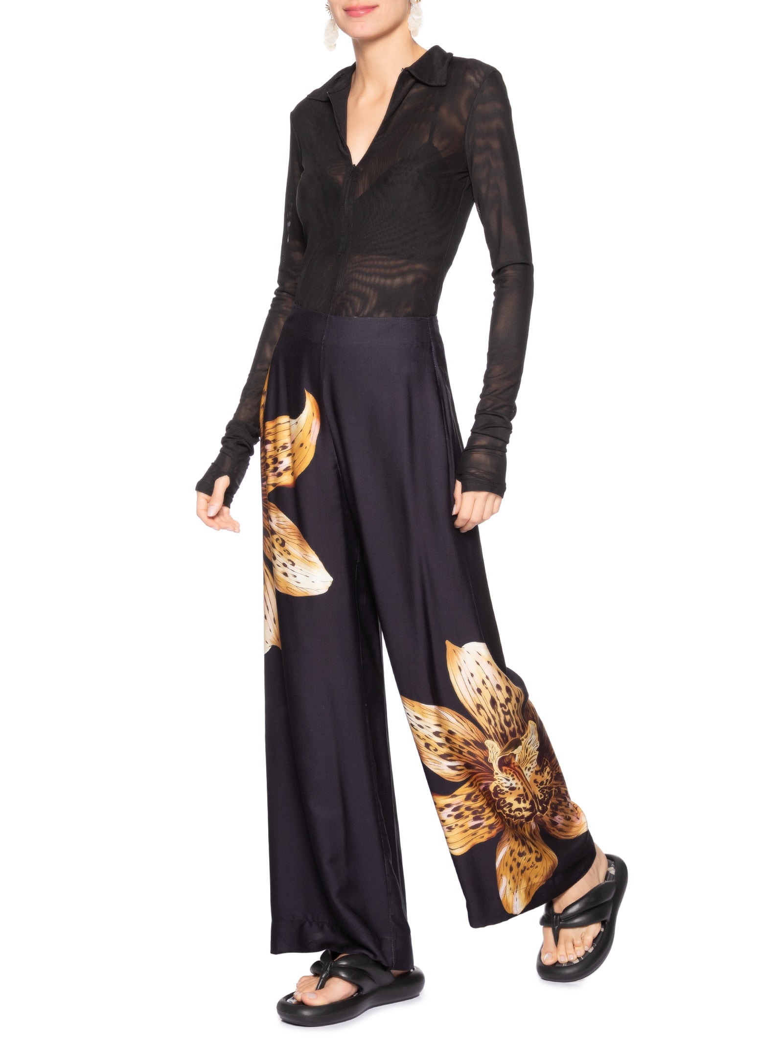 Calça Feminina Pantalona Orquídea Onça Preto Farm