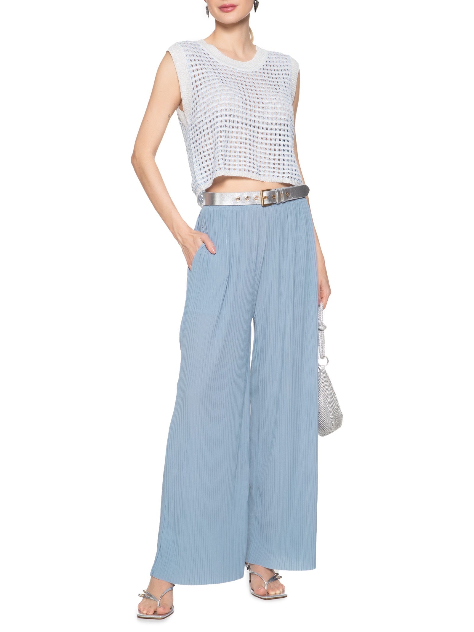 Calça Feminina Pantalona Plissada Azul Market 33