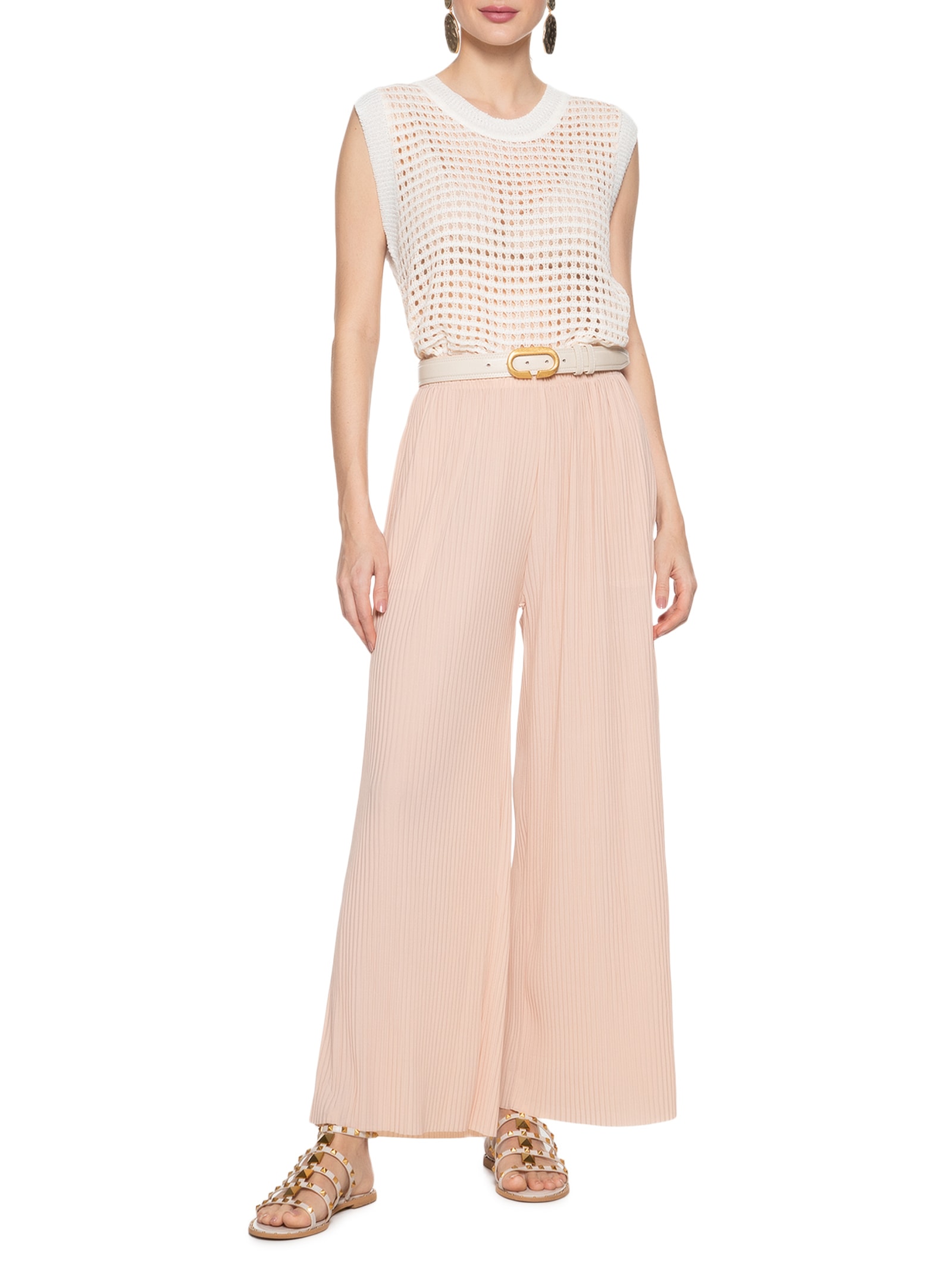 Calça Feminina Pantalona Plissada Bege Market 33