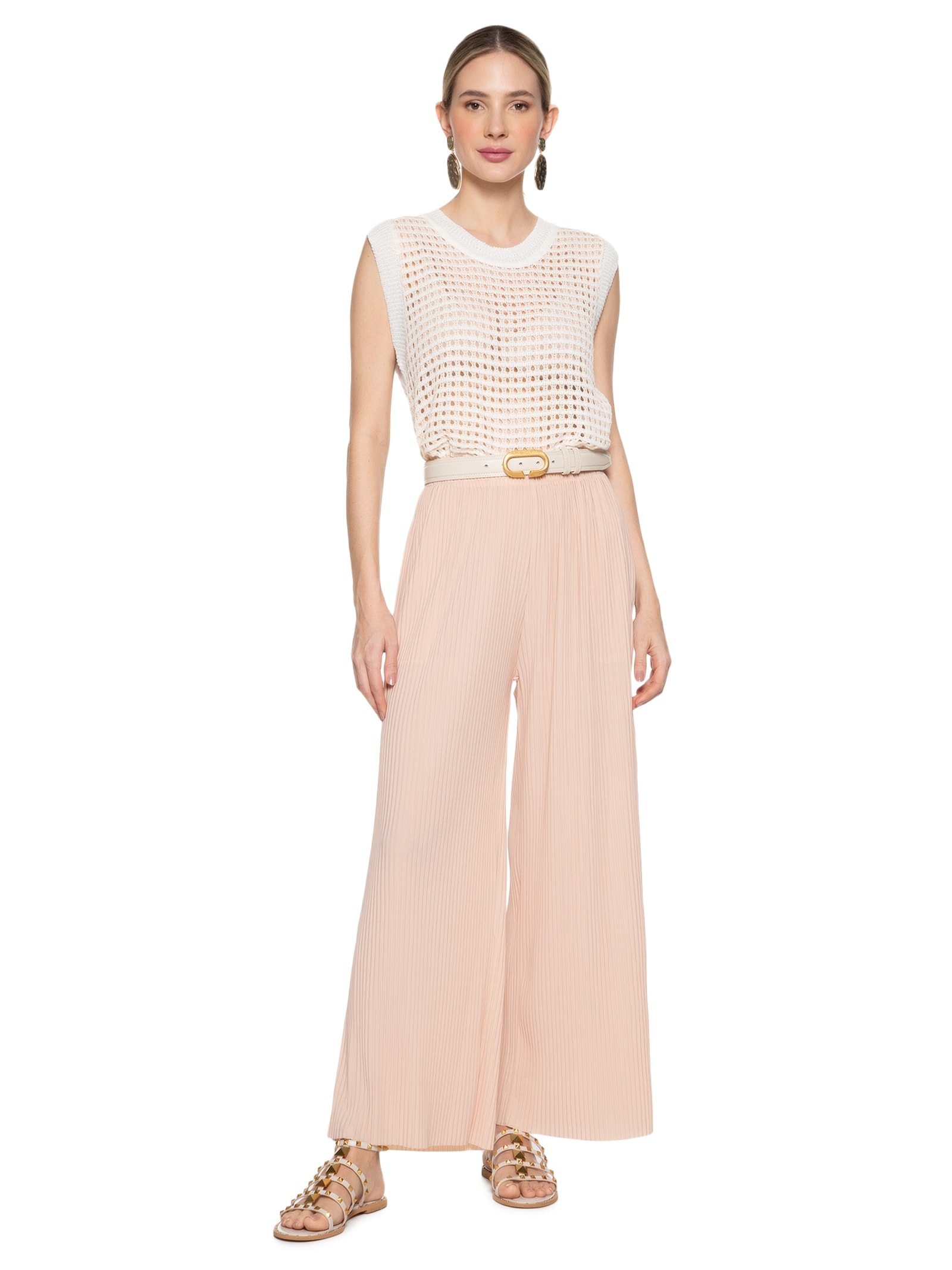 Calça Feminina Pantalona Plissada Bege Market 33