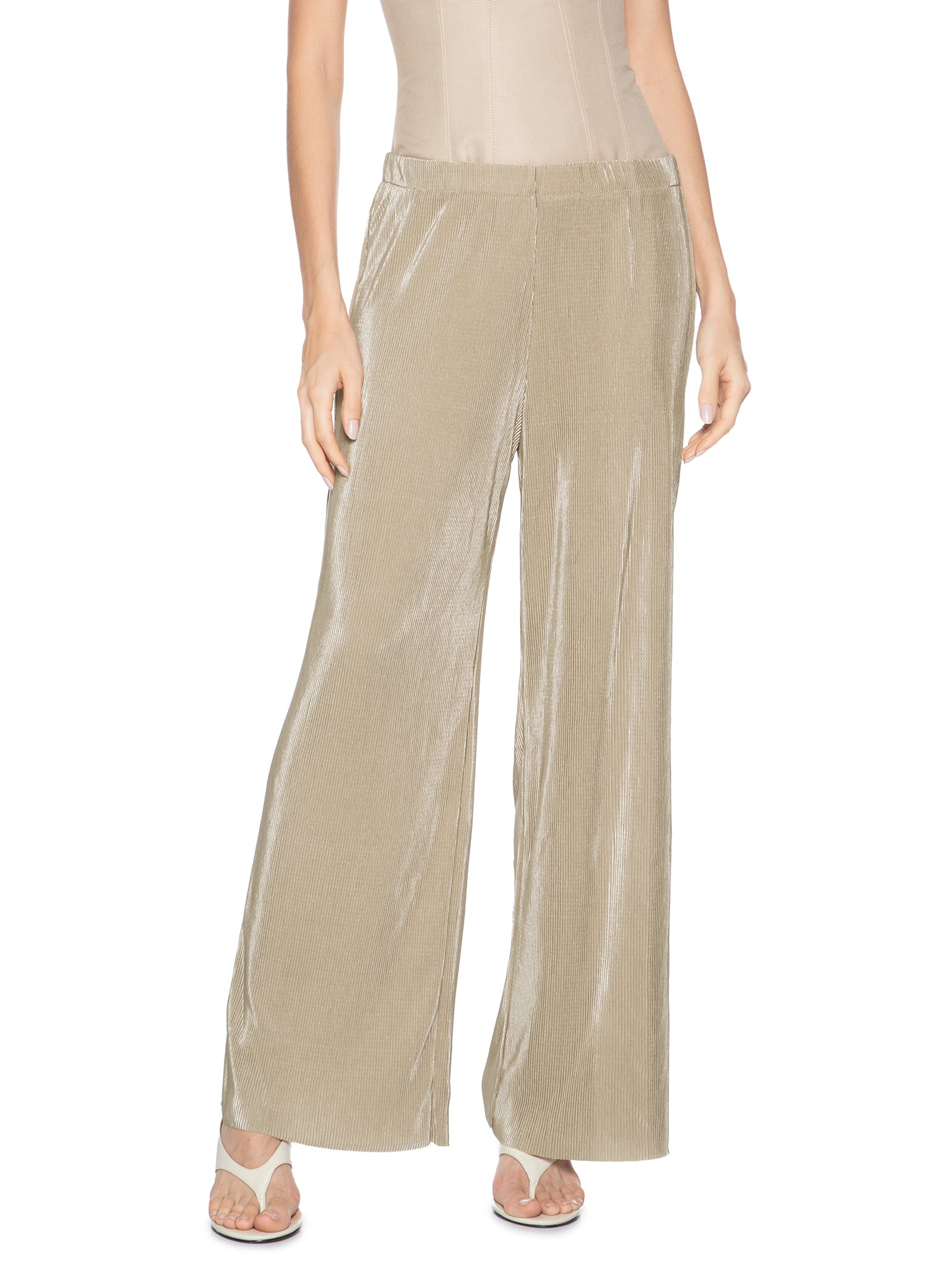 Calça Feminina Pantalona Plissada Bege Market 33