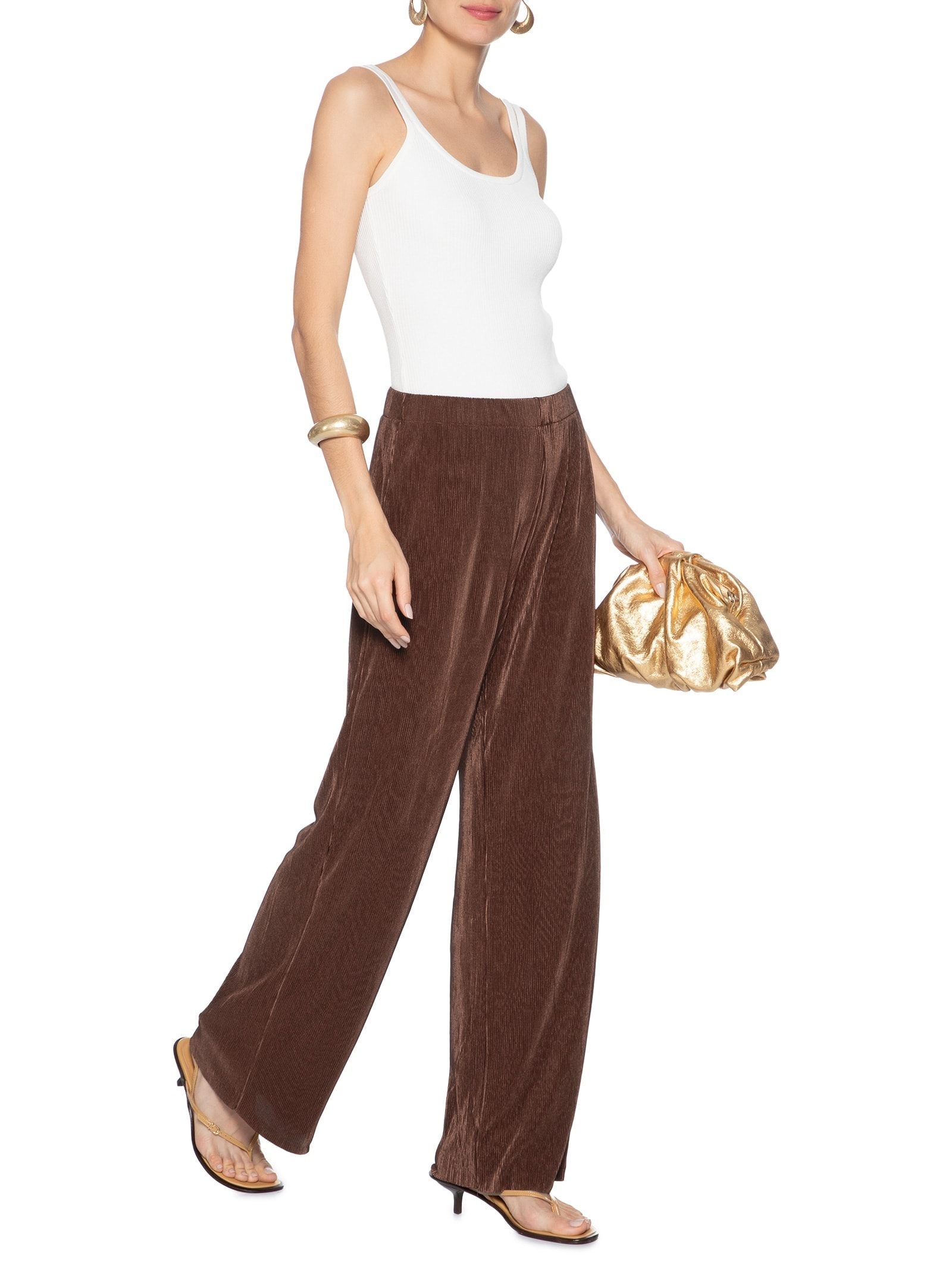 Calça Feminina Pantalona Plissada Marrom Market 33