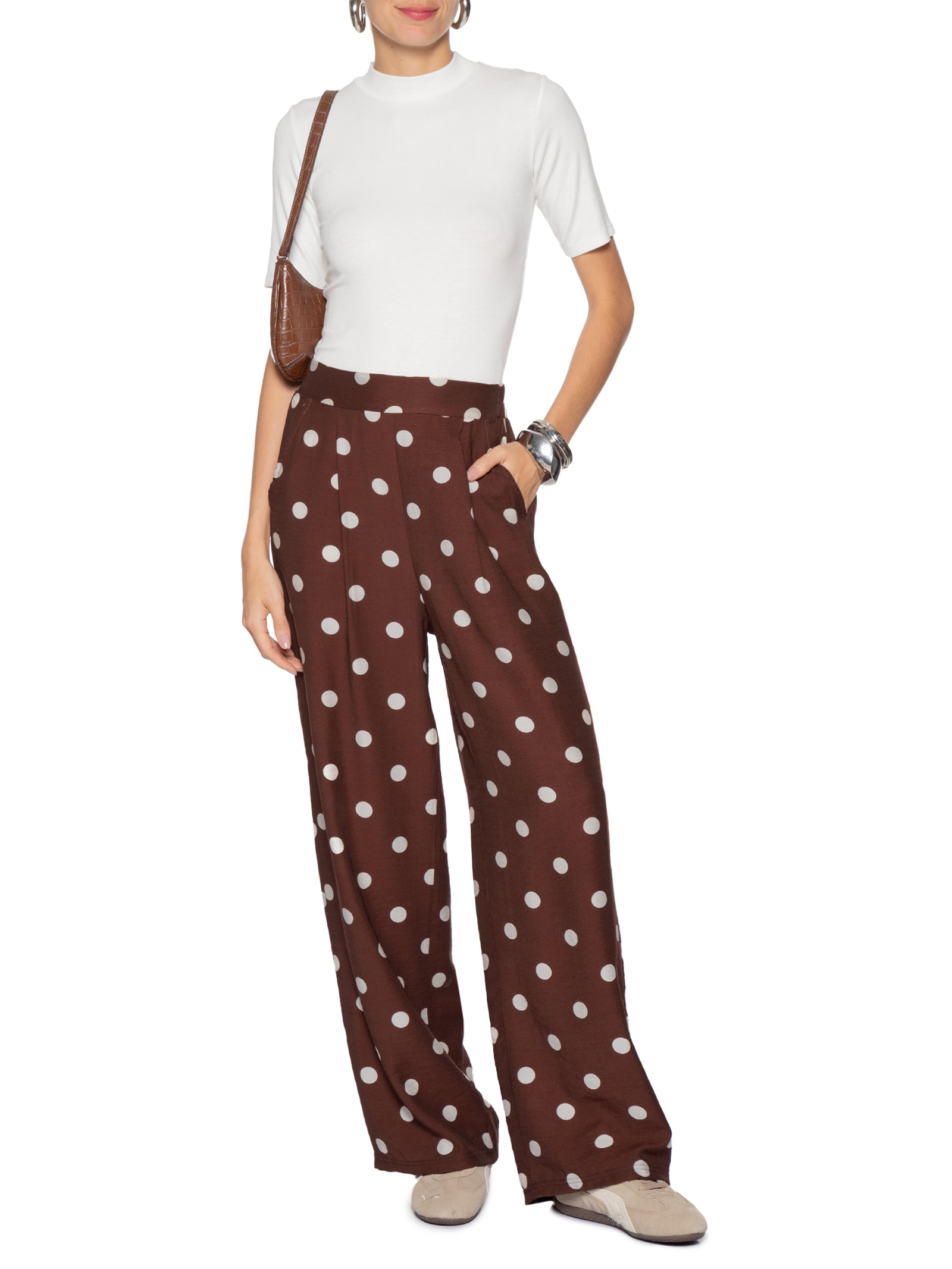 Calça Feminina Pantalona Poá Marrom Market 33