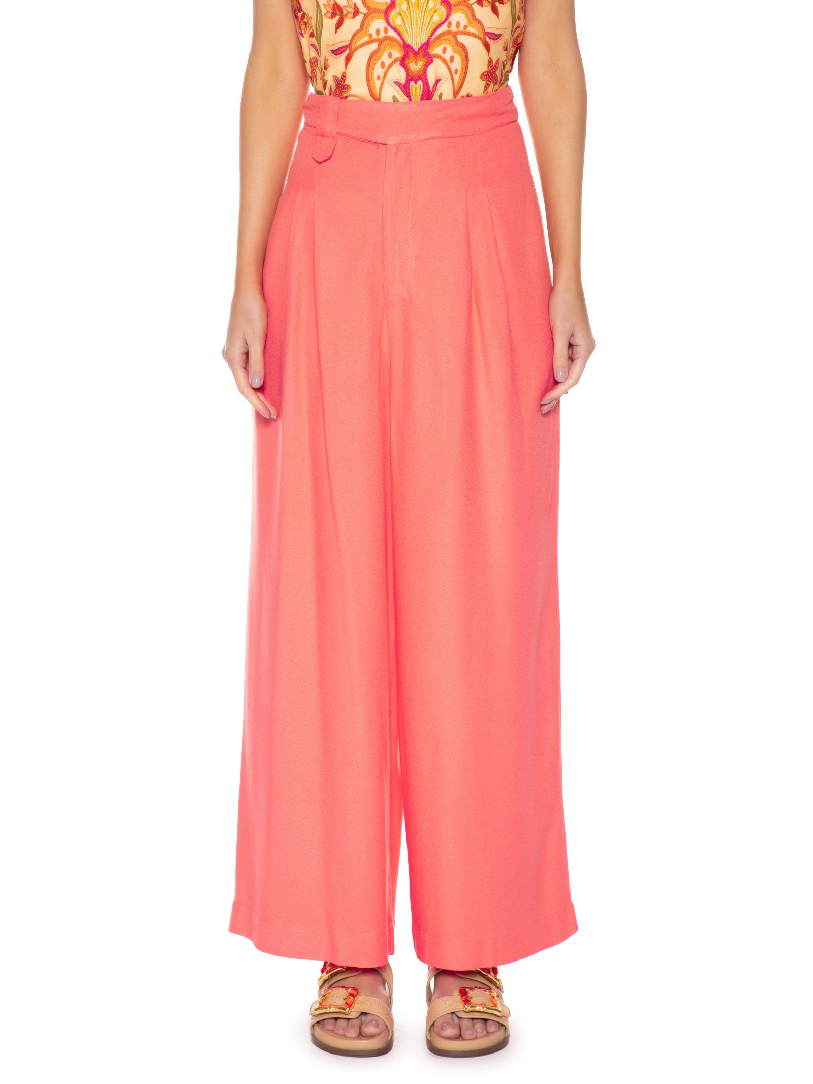 Calça Feminina Pantalona Pregas Rosa Farm