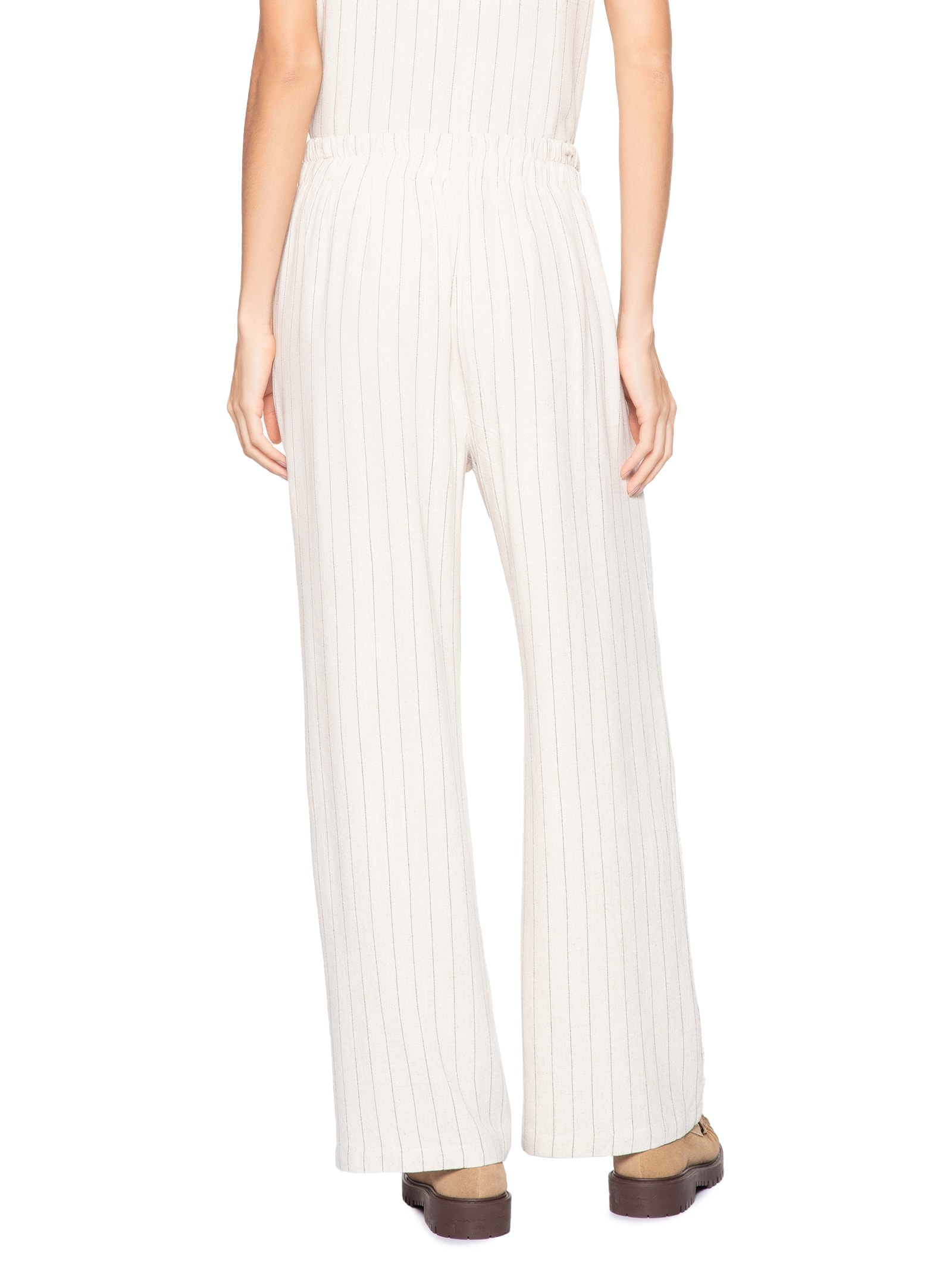 Calça Feminina Pantalona Risca De Giz Com Linho Bege Basiq