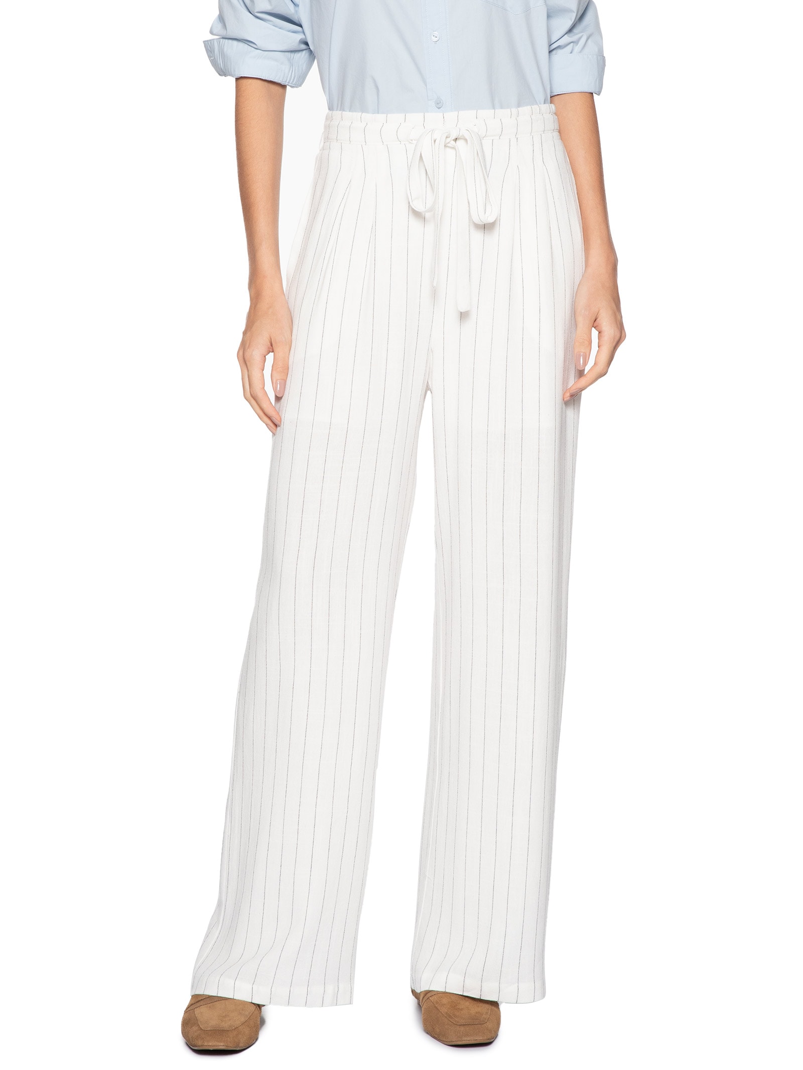 Calça Feminina Pantalona Risca De Giz Com Linho Branco Basiq