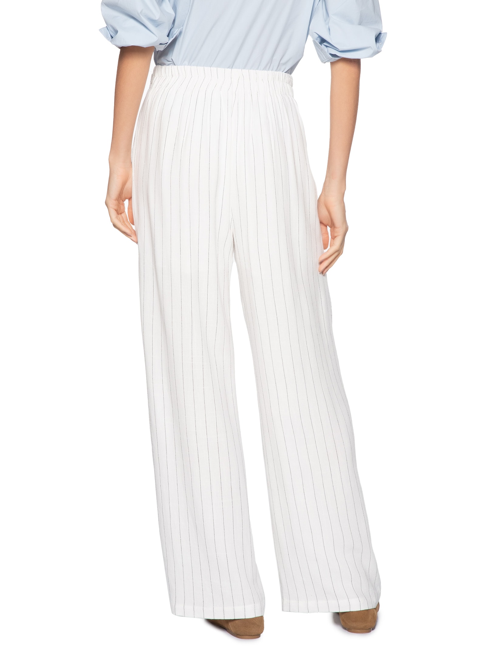 Calça Feminina Pantalona Risca De Giz Com Linho Branco Basiq