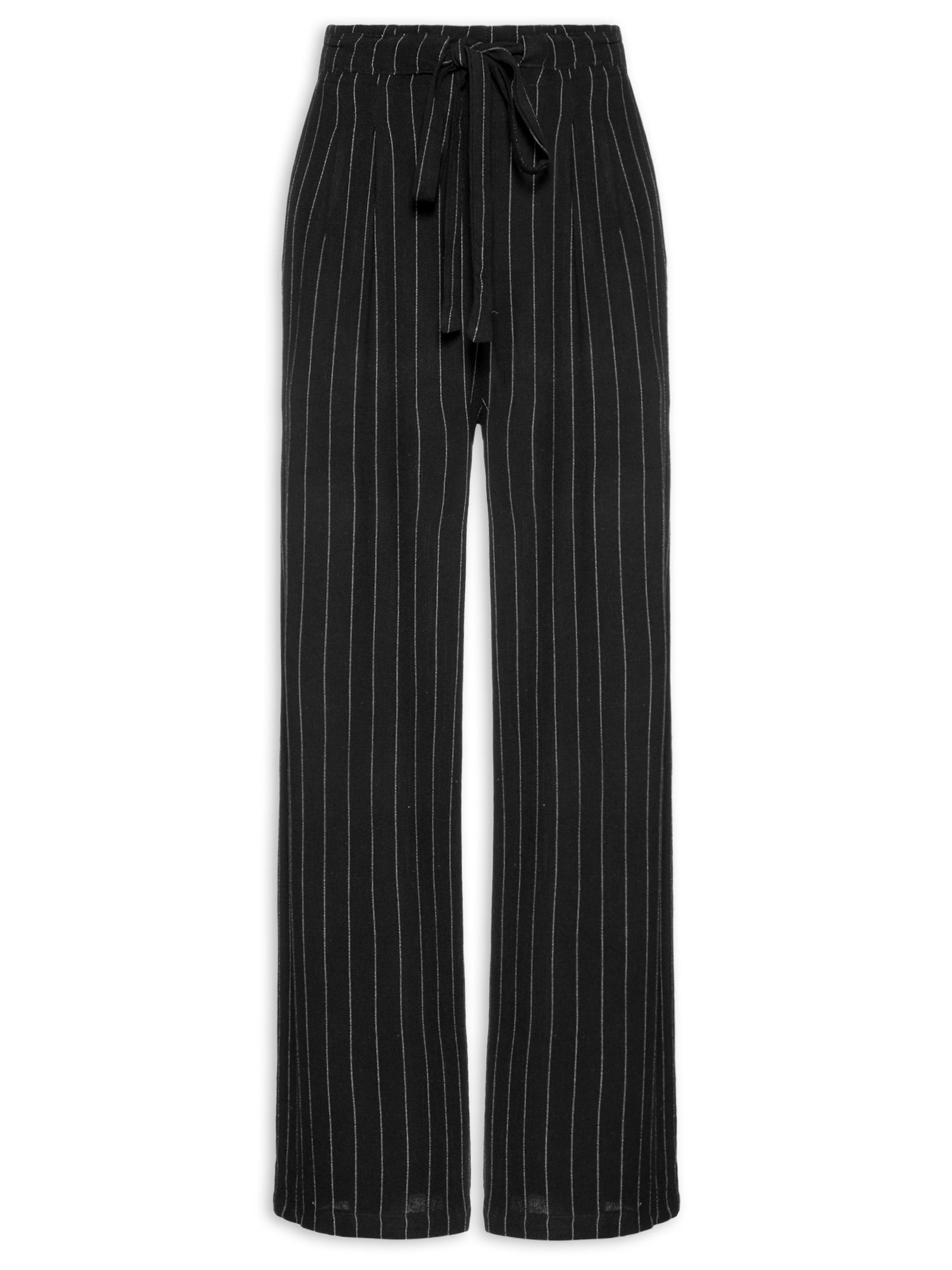 Calça Feminina Pantalona Risca De Giz Com Linho Preto Basiq
