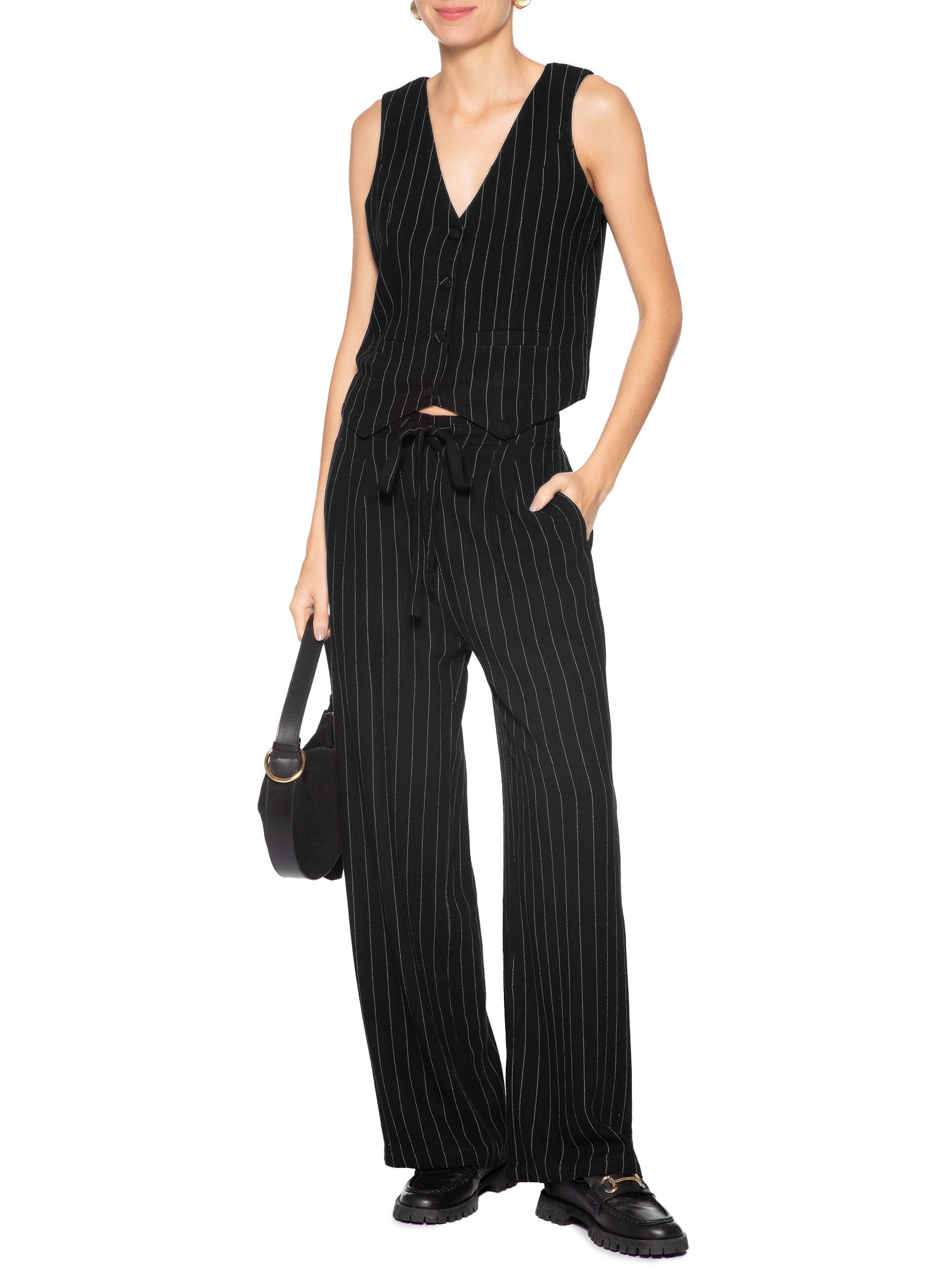 Calça Feminina Pantalona Risca De Giz Com Linho Preto Basiq